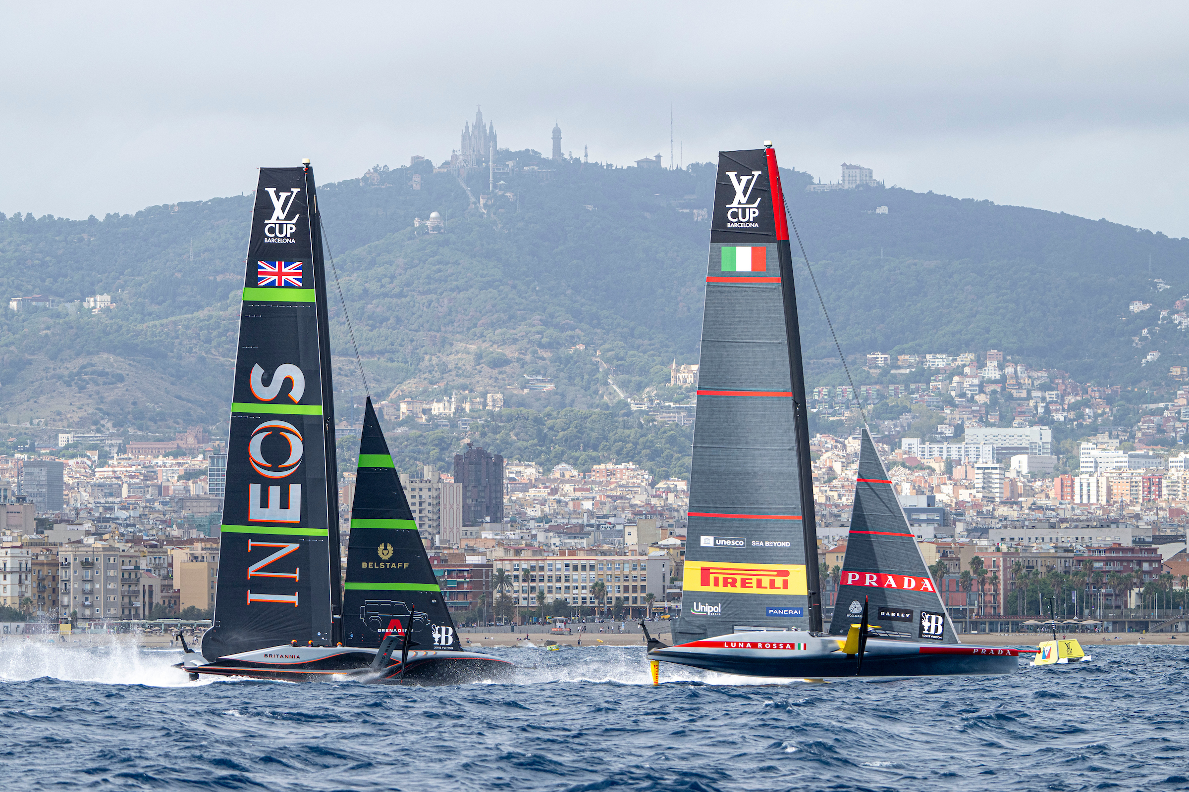 Ineos Britannia and Luna Rossa Prada Pirelli battle it out during day six of the Louis Vuitton Cup final. The British team would go on to win the series. Photo / Ricardo Pinto, America's Cup