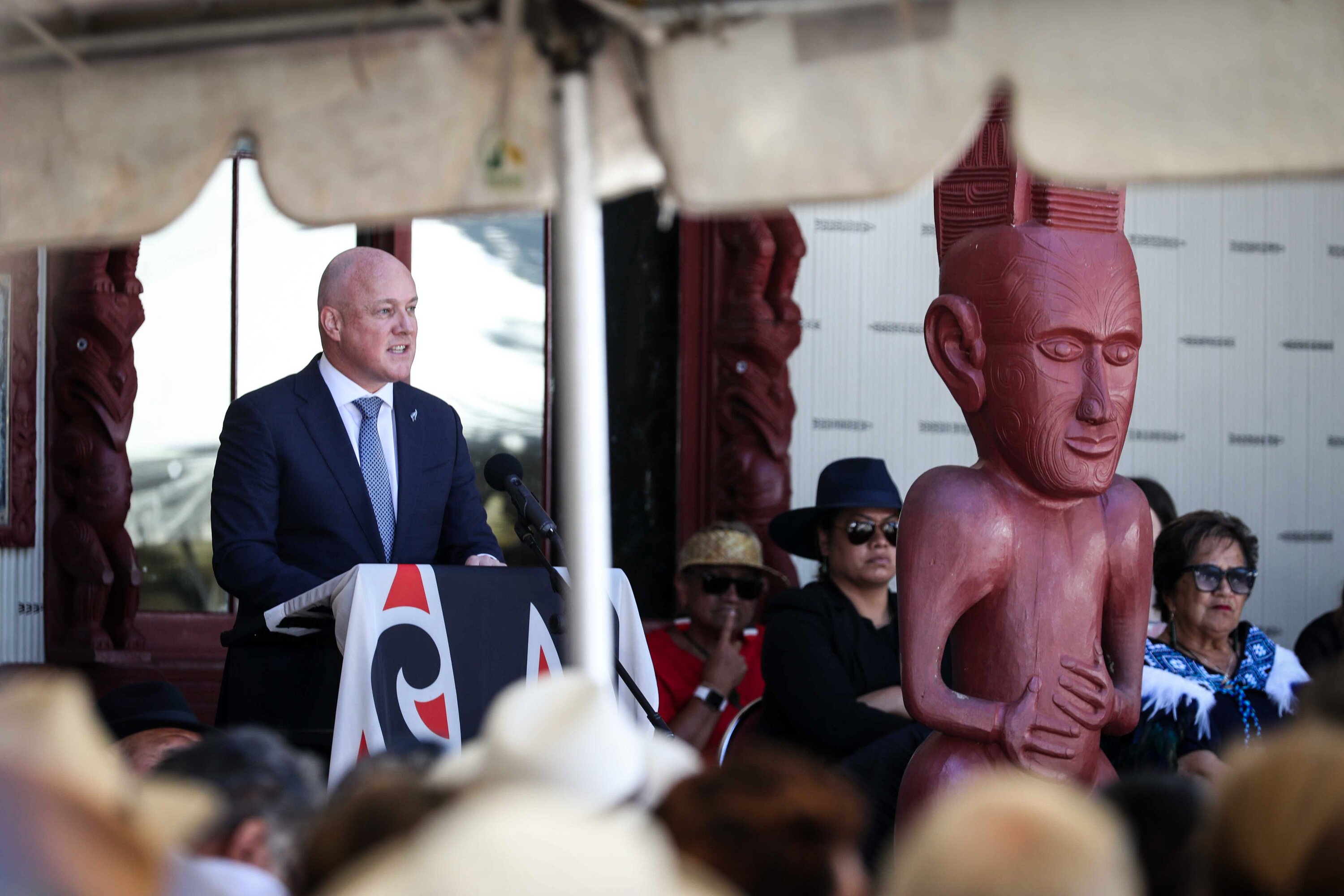Prime Minister Christopher Luxon delivered his speech from the mahau (verandah) of Te Whare Runanga. Photo / Michael Cunningham