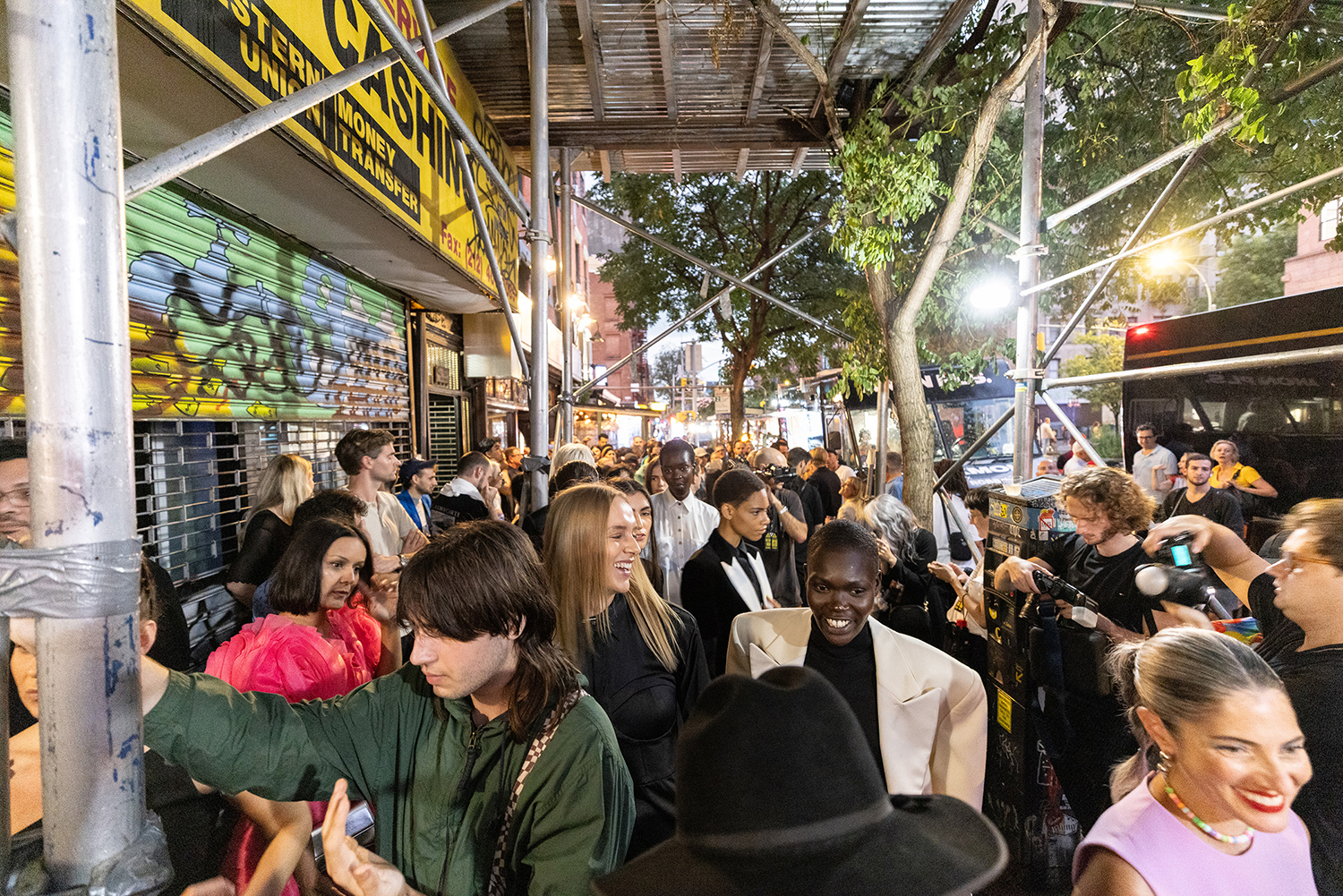 The scene outside Anna Sorokin’s apartment building as guests waited to go up to the roof for the Shao fashion show. Photo / Rebecca Smeyne, The New York Times