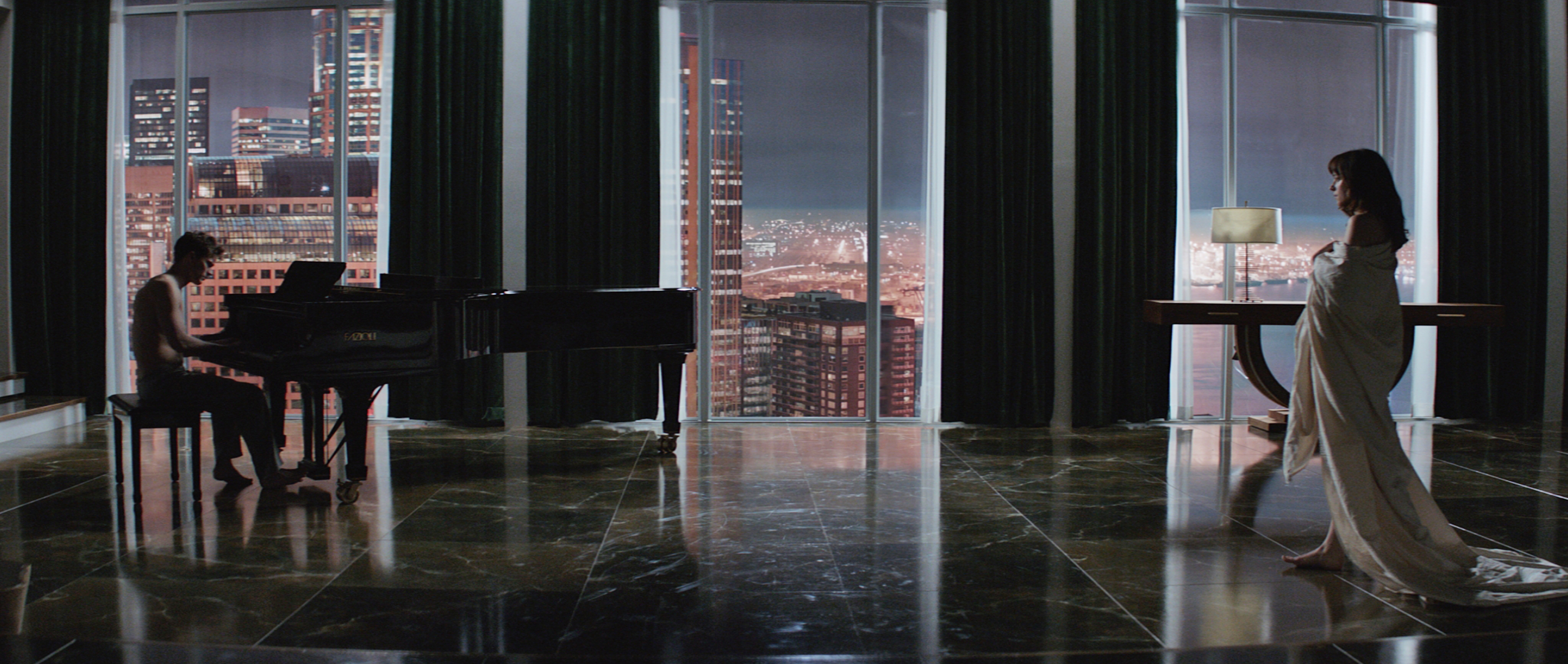 Jamie Dornan and Dakota Johnson in the film adaptation of the novel Fifty Shades of Grey.