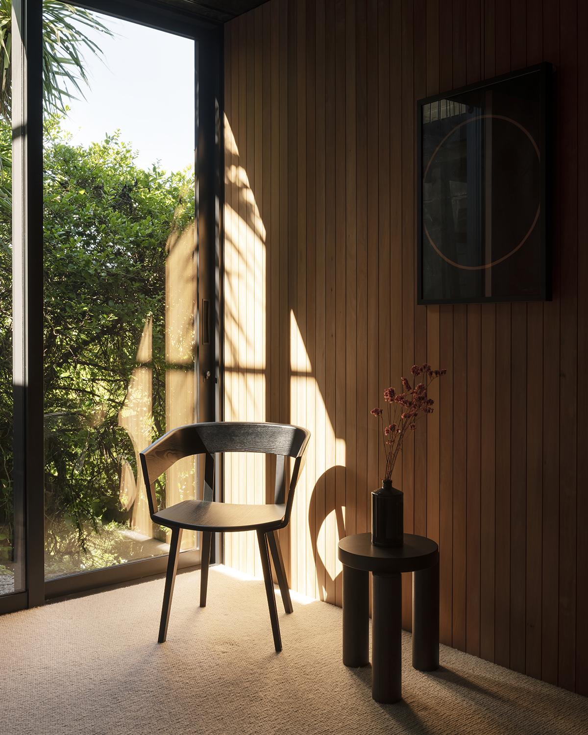 Totara timber lining brings warmth and texture to the interior. Photo / Sam Hartnett