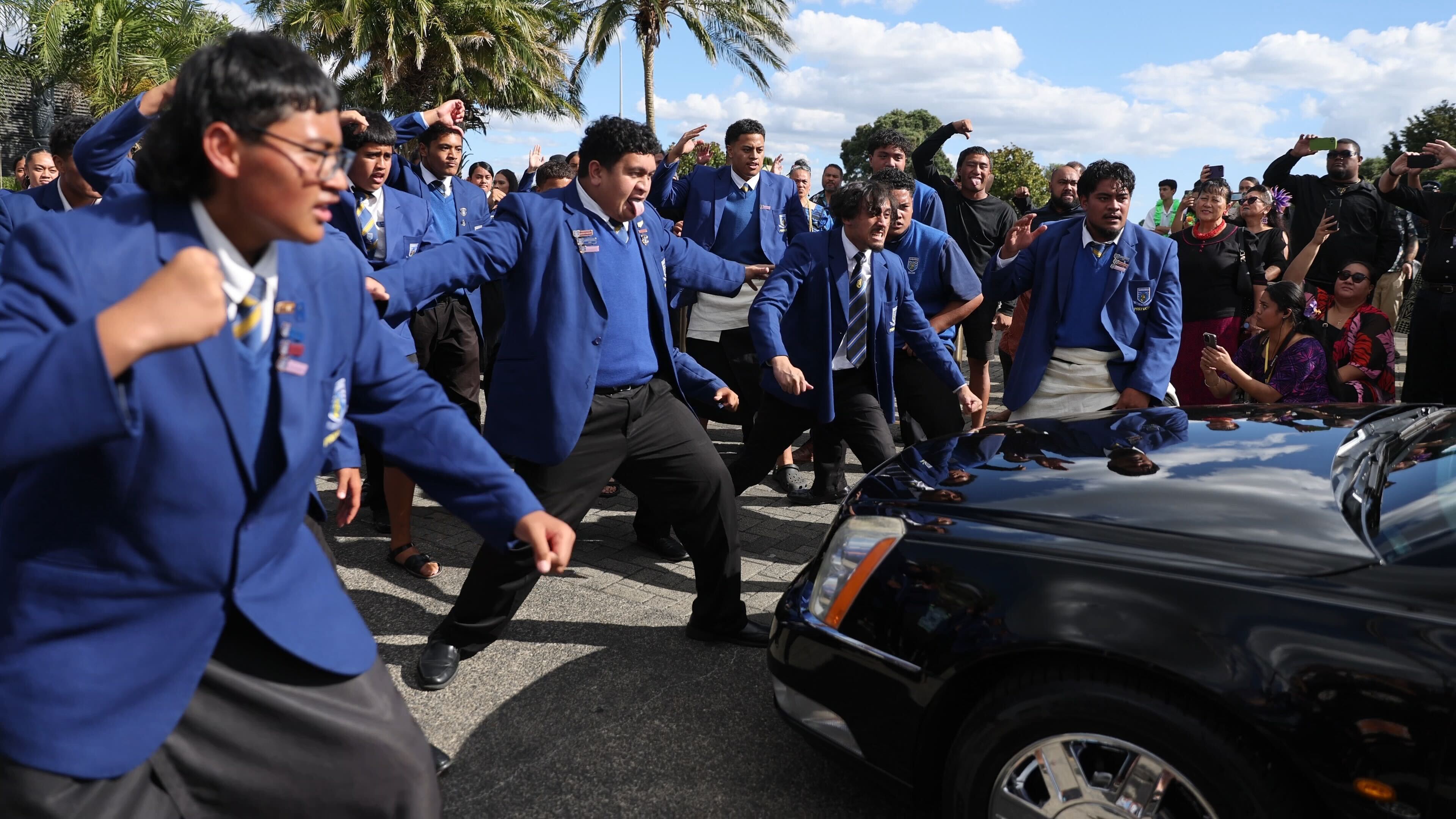 Student's from Fa’anānā Efeso Collins' old school, Tangaroa College, performed an emotional haka as the hearse carrying Collins left the Due Drop Hope Centre in Manukau. Photo / Michael Craig