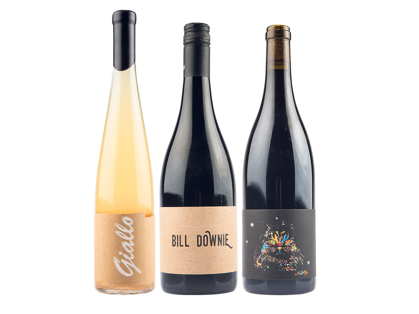 Bill Downie Murray River Petit Verdot 2015; Didi “Giallo” Adelaide Hills Sauvignon Blanc 2015; Jauma “Tikka the Cosmic Cat” Shiraz Grenache 2015. Pictures / Supplied.