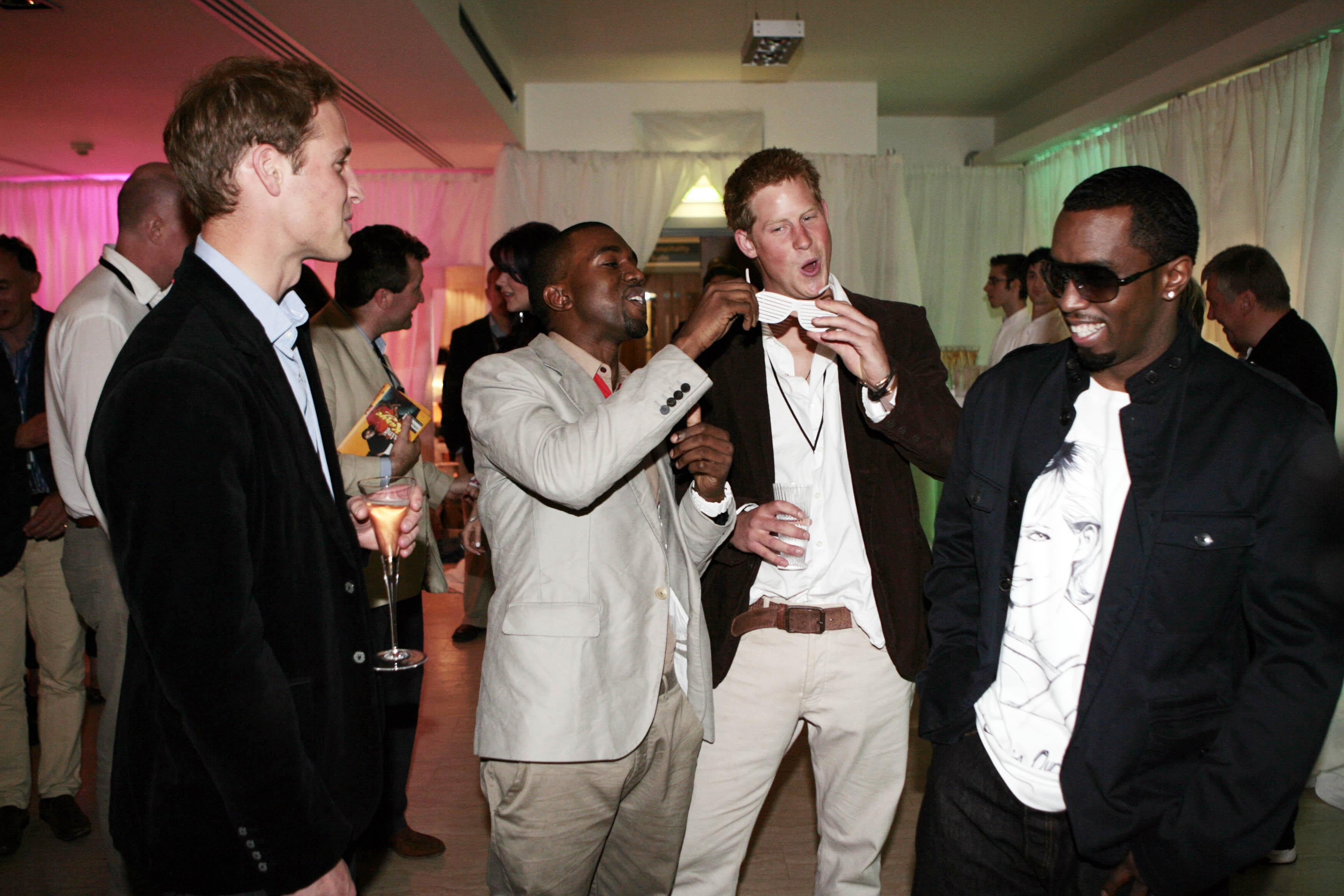 Prince William, Kanye West, Prince Harry and Sean 'Diddy' Combs at a reception following a concert in memory of Princess Diana in 2007. Photo / AP