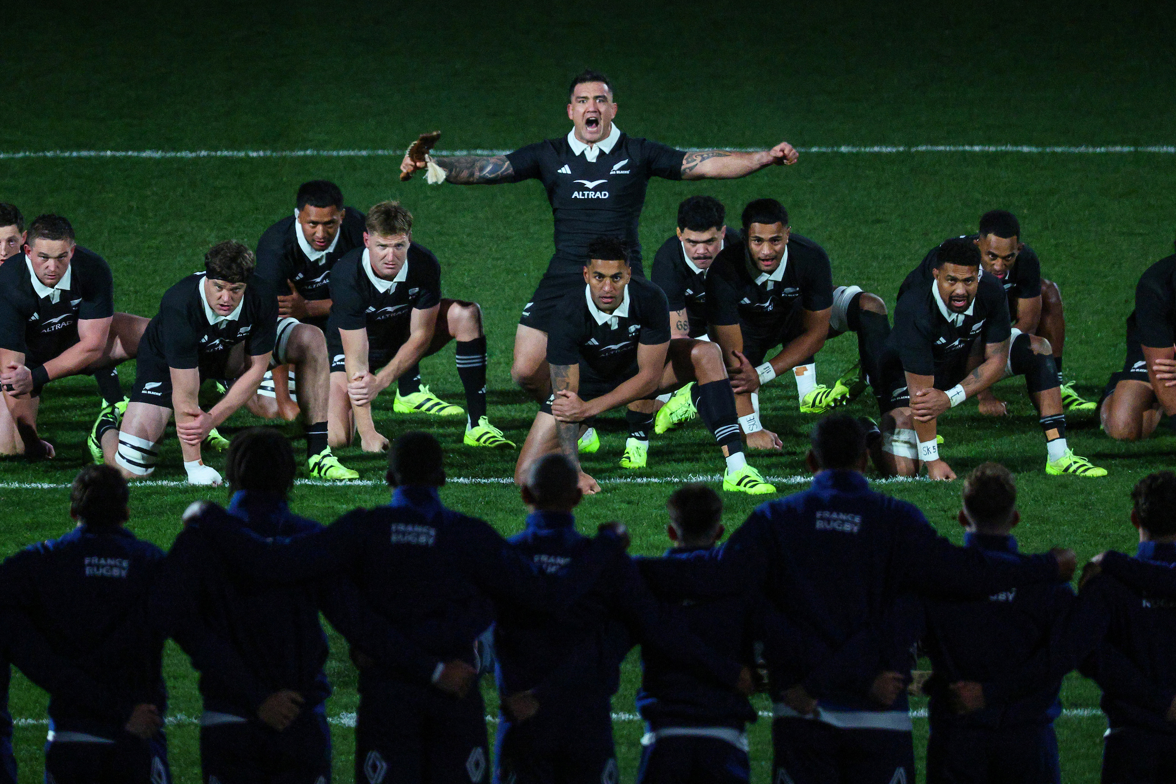 Codie Taylor leads the All Blacks haka ahead of the first test against France at Forsyth Barr Stadium, Dunedin. Photo / Photosport