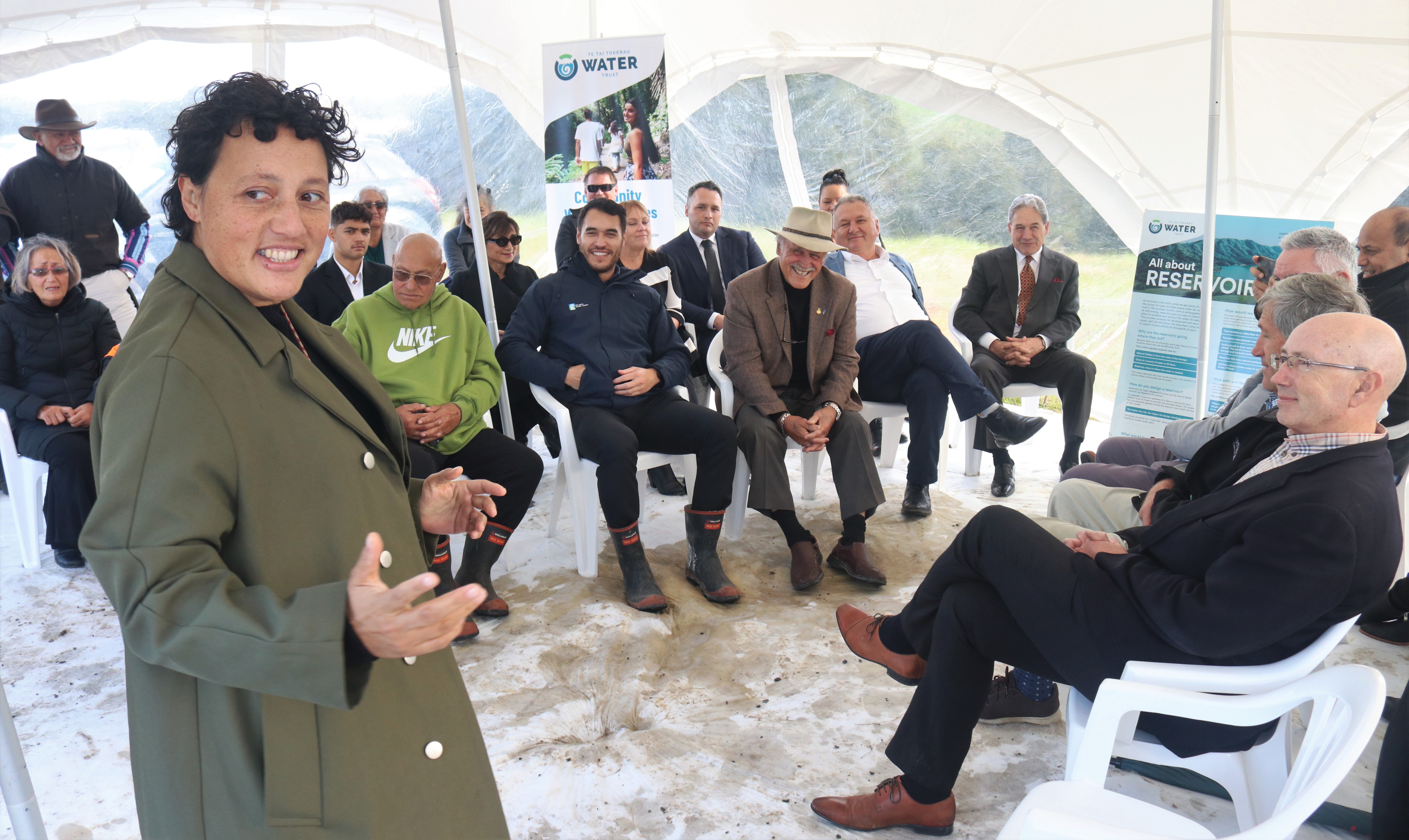 Regional Development Minister Kiritapu Allan speaks ahead of the formal opening of Matawii Dam. Photo / Peter de Graaf