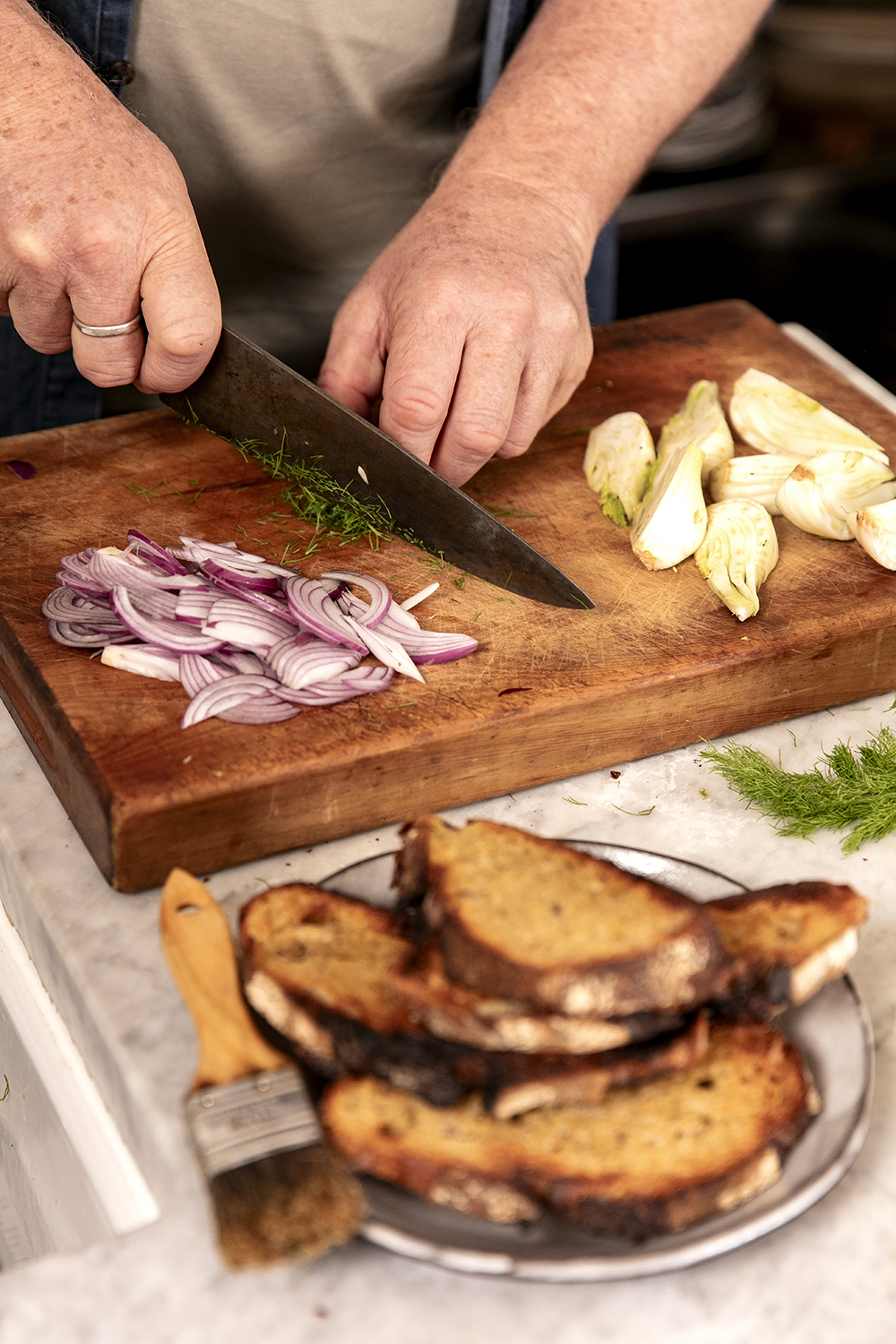 A dependable lunch: toasted bruschetta with caramlised fennel and onion. Photo / Babiche Martens