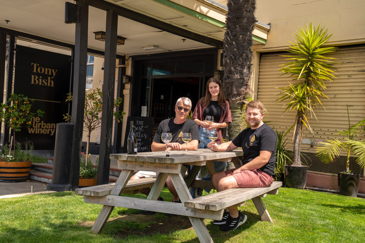 Tony, Oscar and Evie at Tony Bish's The Urban Winery in Napier.