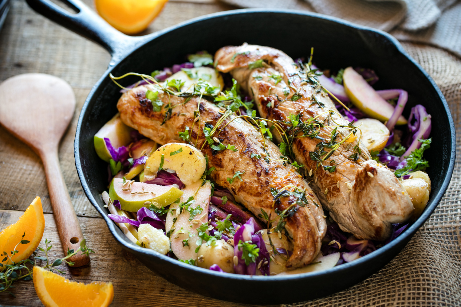 A mouth-watering pork dinner all made in one pan. Photo / Babiche Martins