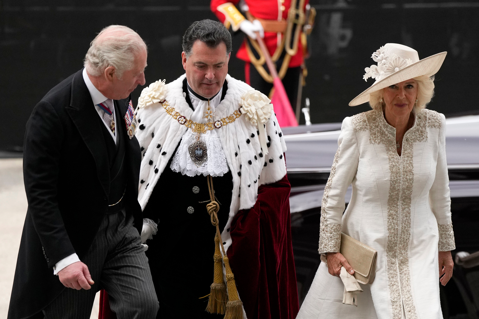 Prince Charles and Camilla, Duchess of Cornwall arrive for a service of thanksgiving for the reign of Queen Elizabeth II. Photo / AP