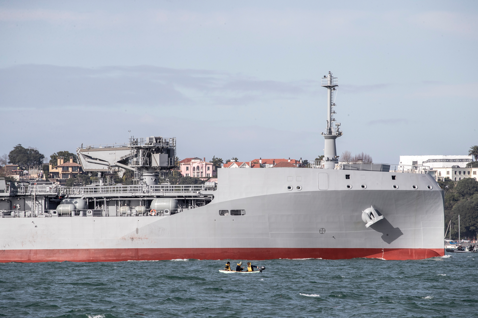 The Royal New Zealand Navy's largest ever ship, HMNZS Aotearoa, arrives into Devonport Naval Base. Photo / Michael Craig