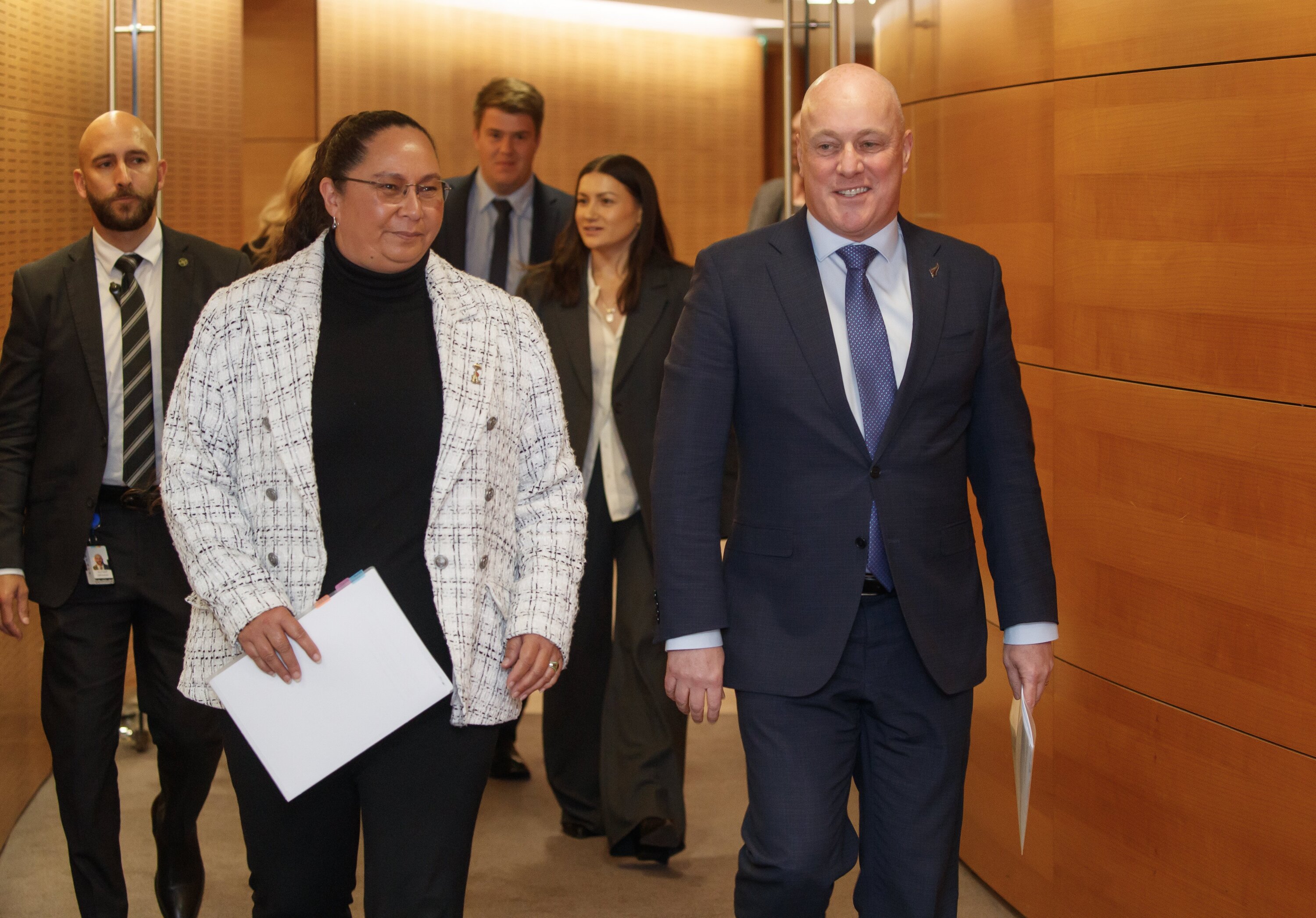 Prime Minister Christopher Luxon and Associate Justice Minister Nicole McKee arriving at the Beehive theatrette before announcing the Govt is to bring back the three strikes law. Photo / Mark Mitchell