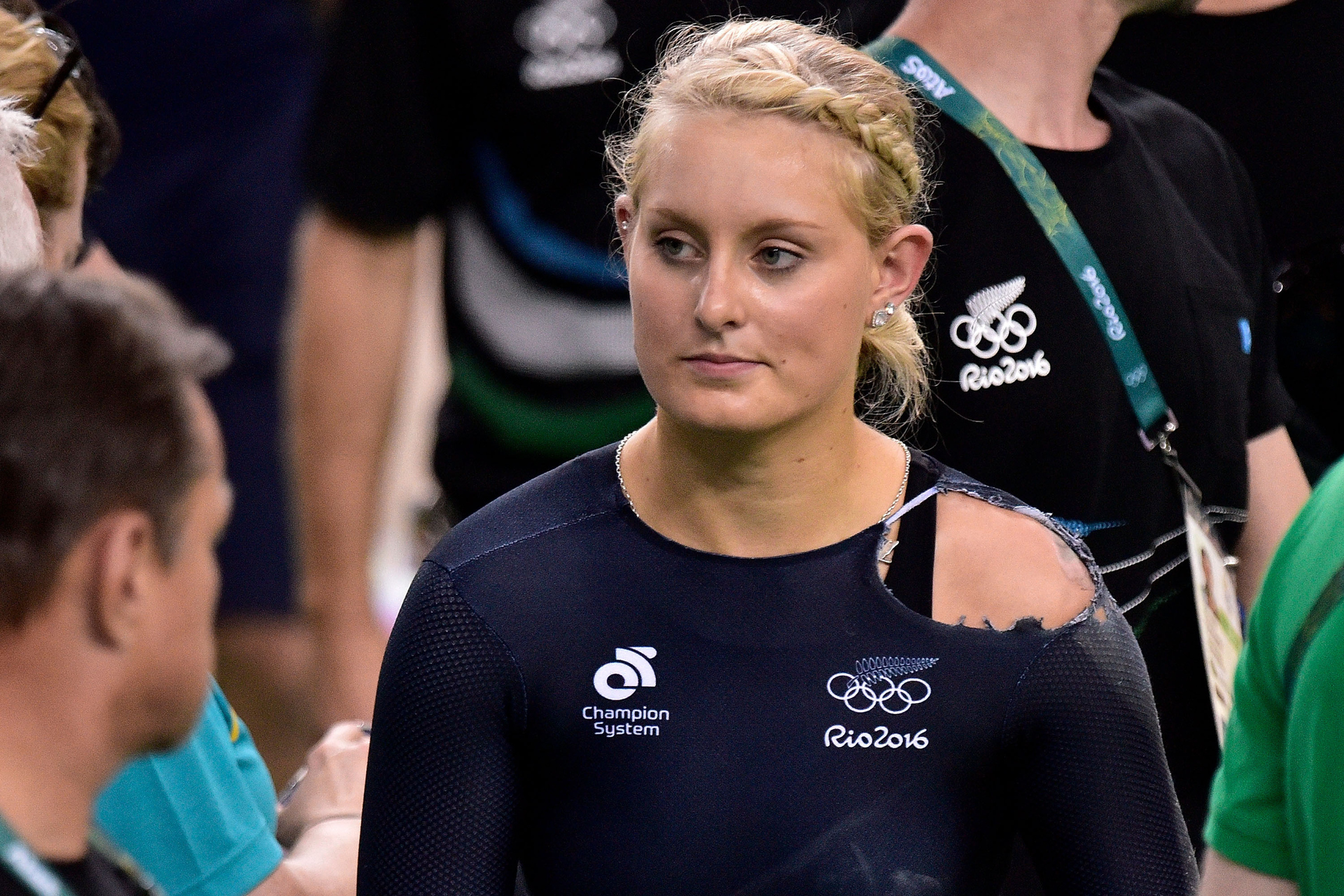 Podmore walks from the track after going down in a crash during the Women's Keirin round one at the 2016 Rio Olympics. Photo / Photosport