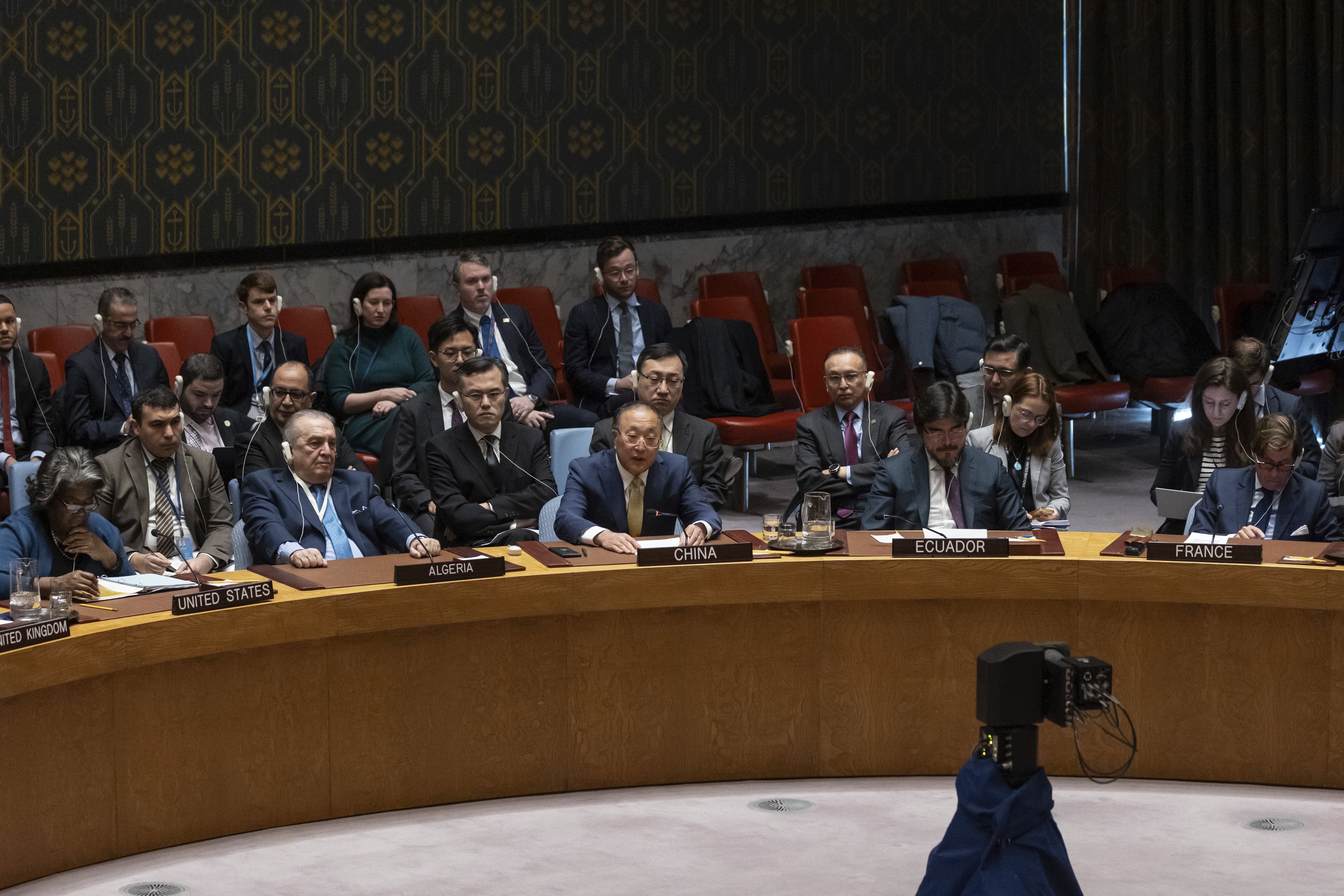 Zhang Jun, Ambassador and Permanent Representative of China to the United Nations, speaks during a Security Council meeting at United Nations headquarters. Photo / AP