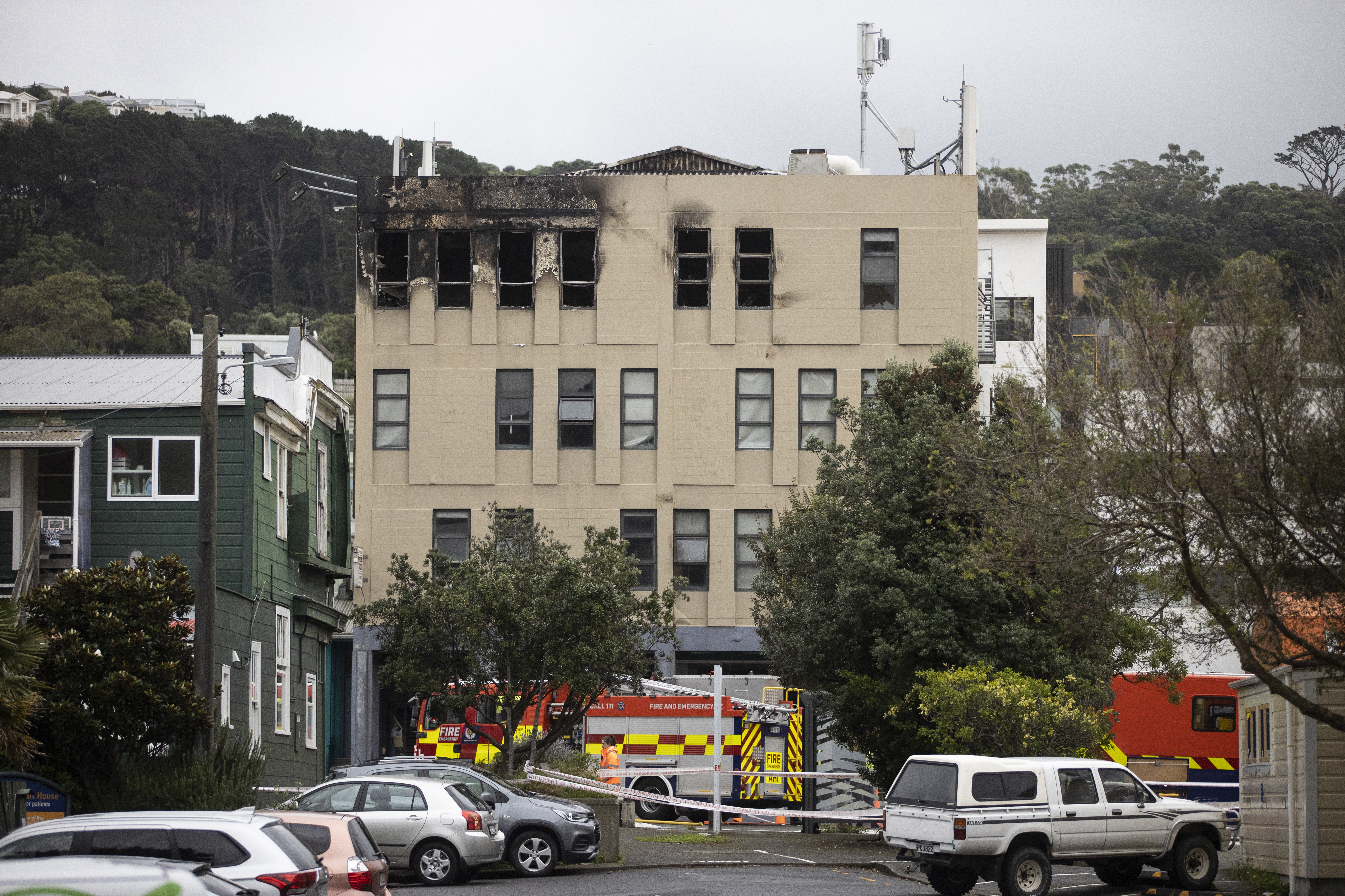 The scene of the Loafers Lodge hostel fire in Newtown, Wellington. Photo / George Heard