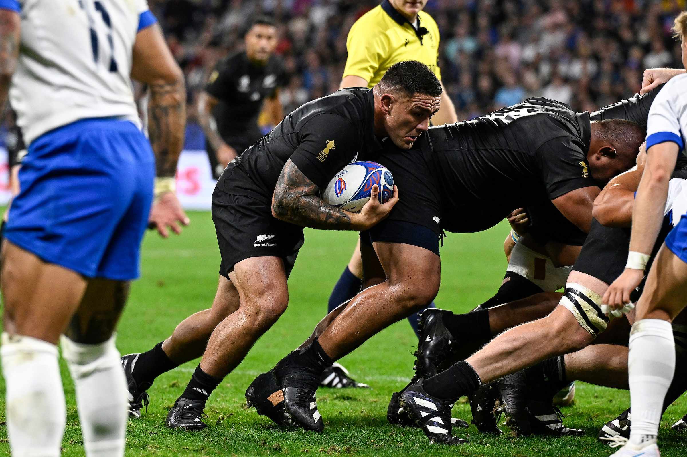 Codie Taylor at the back of an All Blacks maul against Italy in Lyon at the 2023 Rugby World Cup. Photo / Photosport