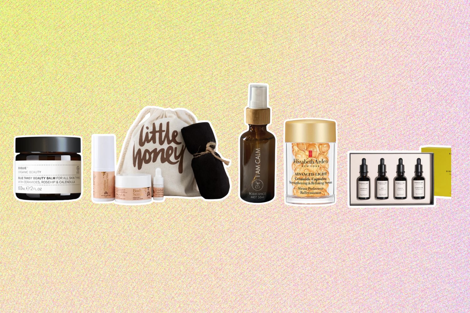 From left: Evolve Blue Tansy Beauty Balm; Little Honey Travel Kit; Plant Potions I Am Calm Flight Mist; Elizabeth Arden Advanced Light Ceramide Capsules Strengthening & Refining (30pc); Embodyme Nurturing Body Oil Discovery Set - 4 x 50ml.