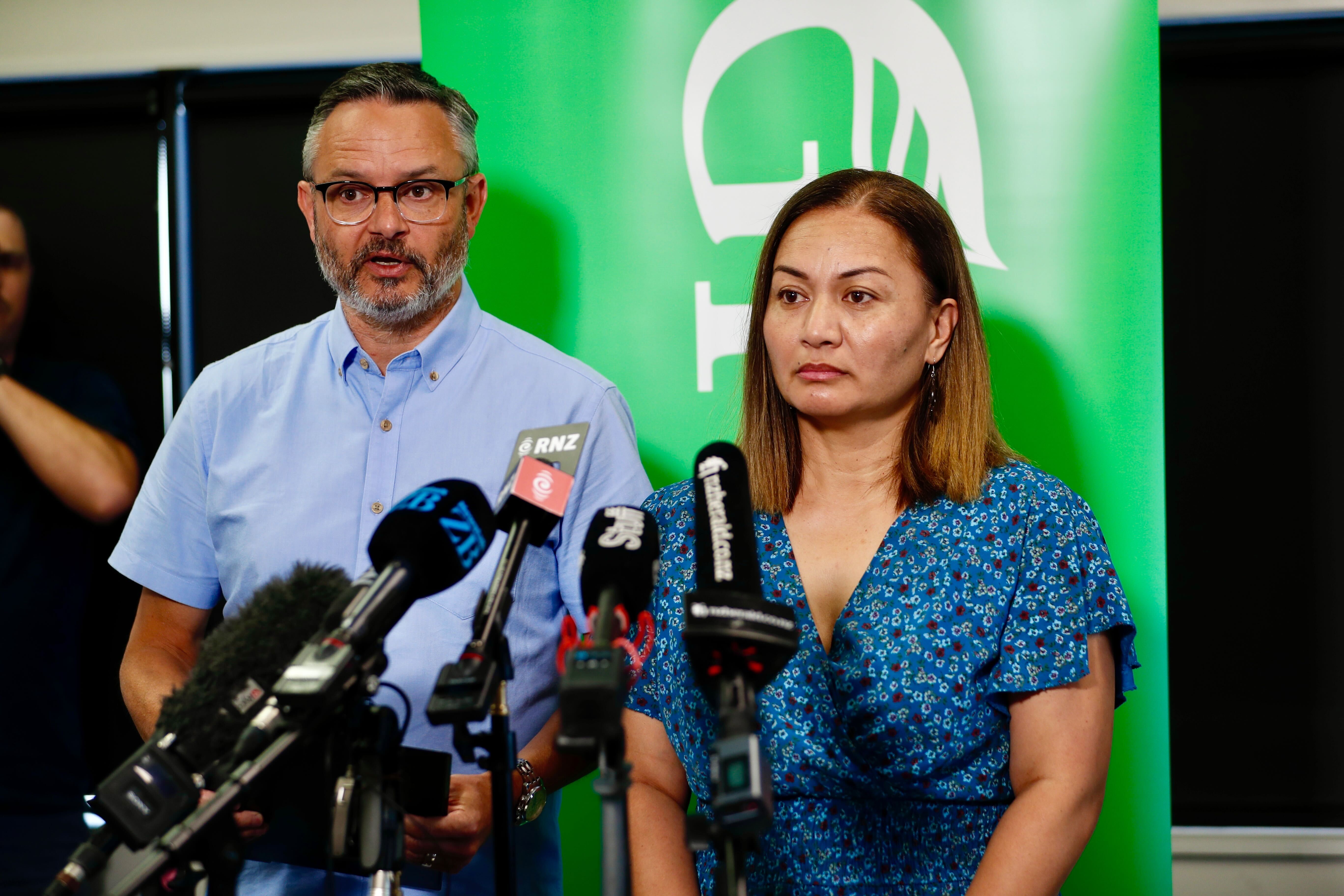 Green Party co-leaders James Shaw and Marama Davidson address media this afternoon over the Golriz Ghahraman shoplifting allegations. Photo / Dean Purcell
