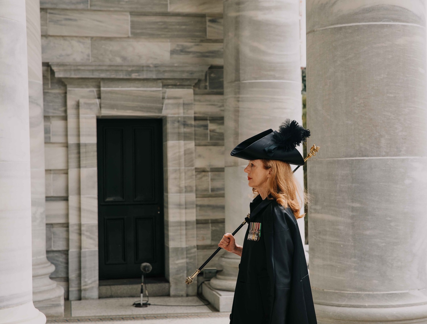Usher of the Black Rod, Sandra McKie enters Parliament House during the State Opening of Parliament. Photo / Office of the Clerk