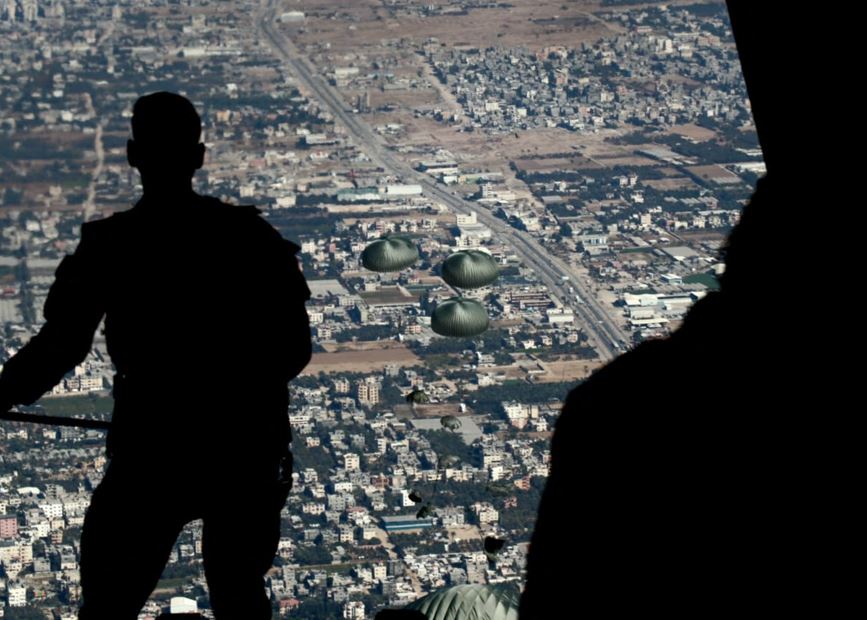 Members of the Jordanian army carrying out an airdrop of humanitarian and relief aid to the southern Gaza Strip. Photo / AFP