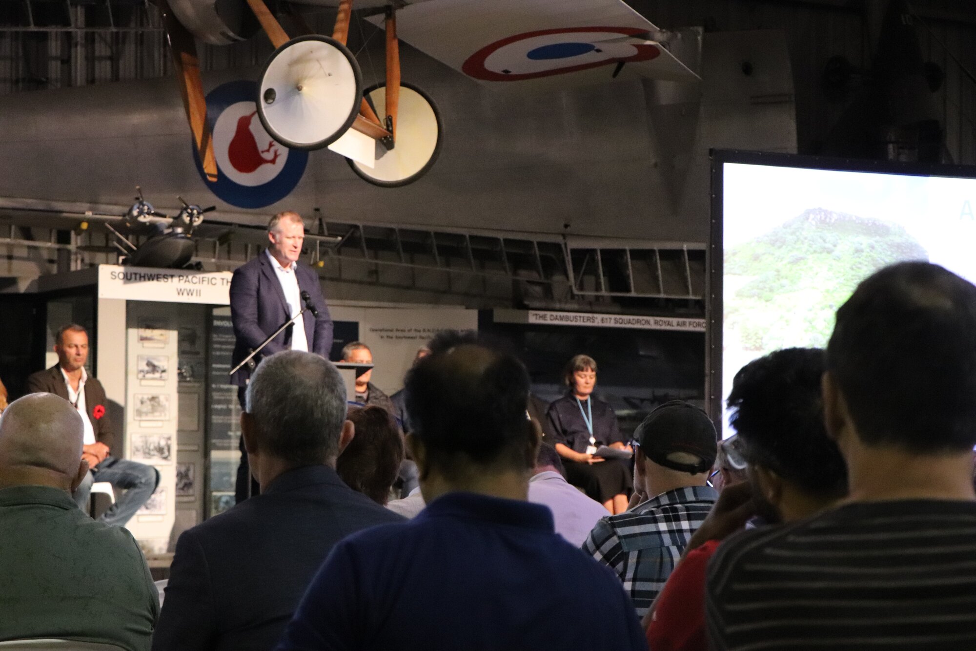 Tauranga Mayor Mahé Drysdale speaks at an information session for businesses about the Mauao recovery at Classic Flyers. Photo / Ayla Yeoman