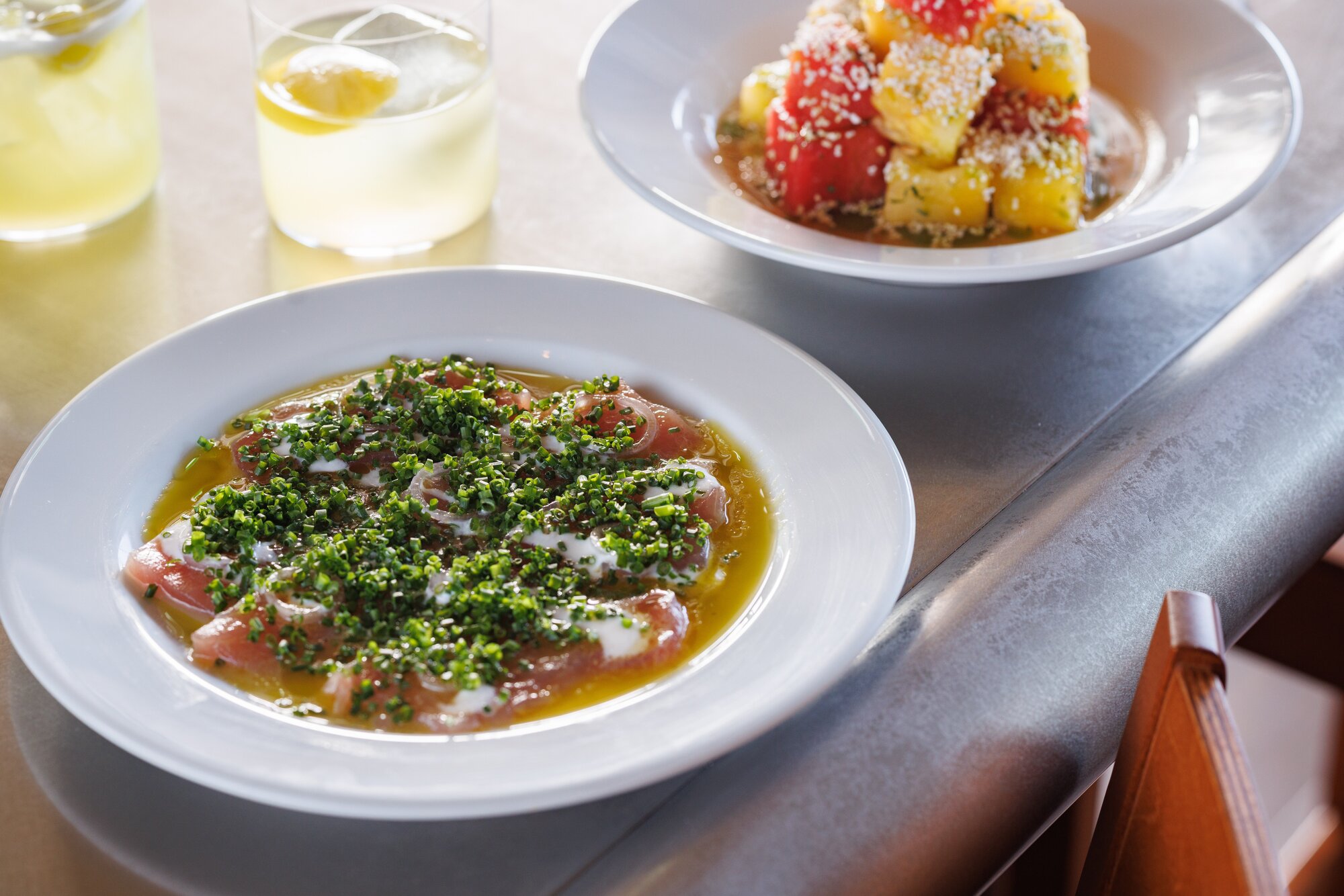 Mother's tuna crudo and watermelon dishes. Photo / Babiche Martens