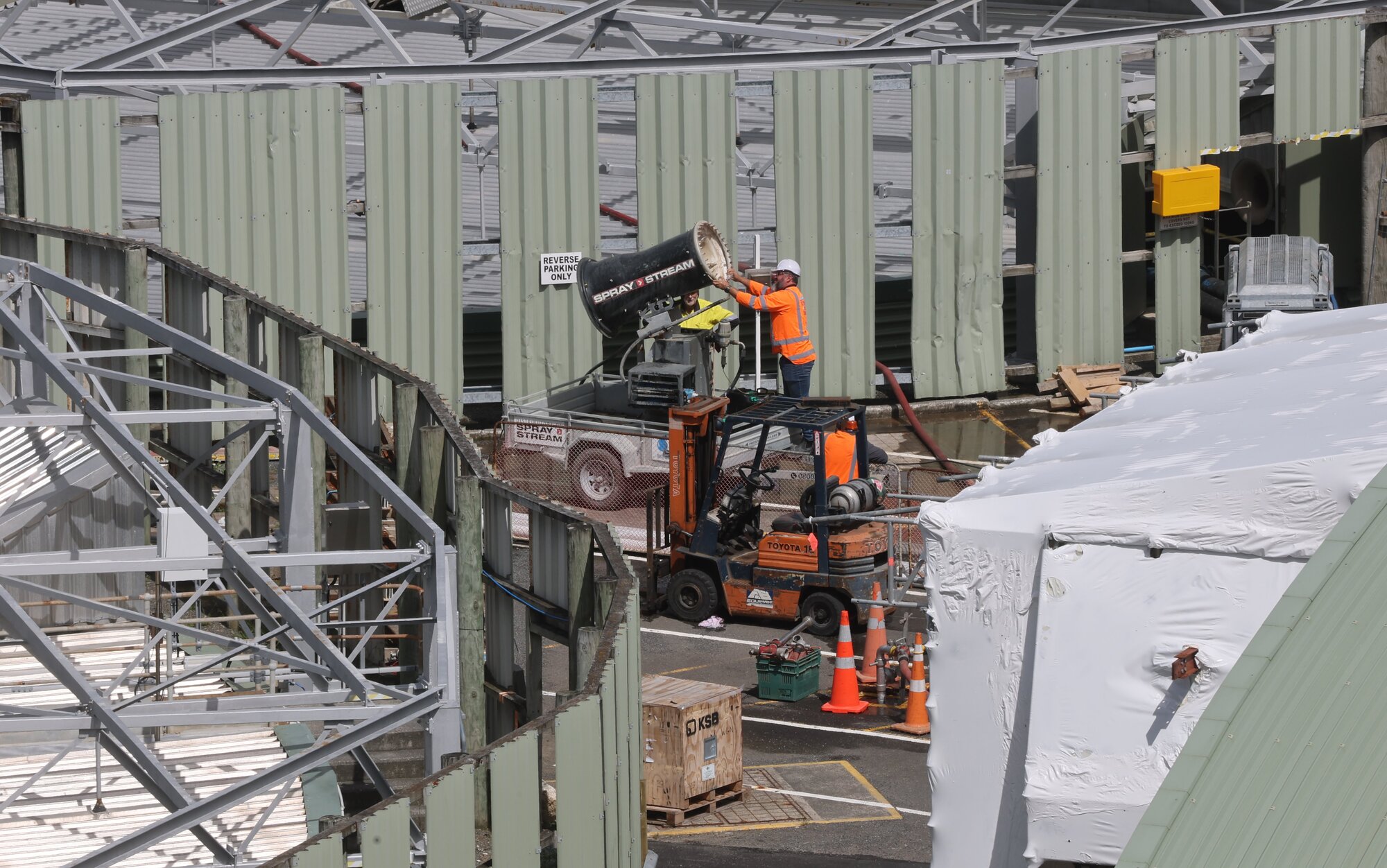 Contractors at work at the Moa Point Wastewater Treatment Plant following its failure. Photo / Mark Mitchell