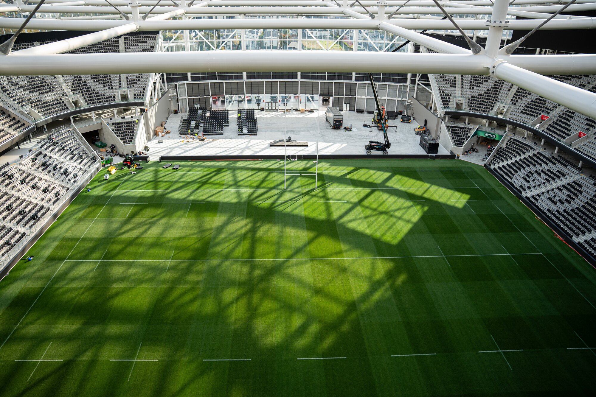 From the gangway directly above the pitch at One NZ Stadium in Christchurch on, looking north. Photo / Alyse Wright 