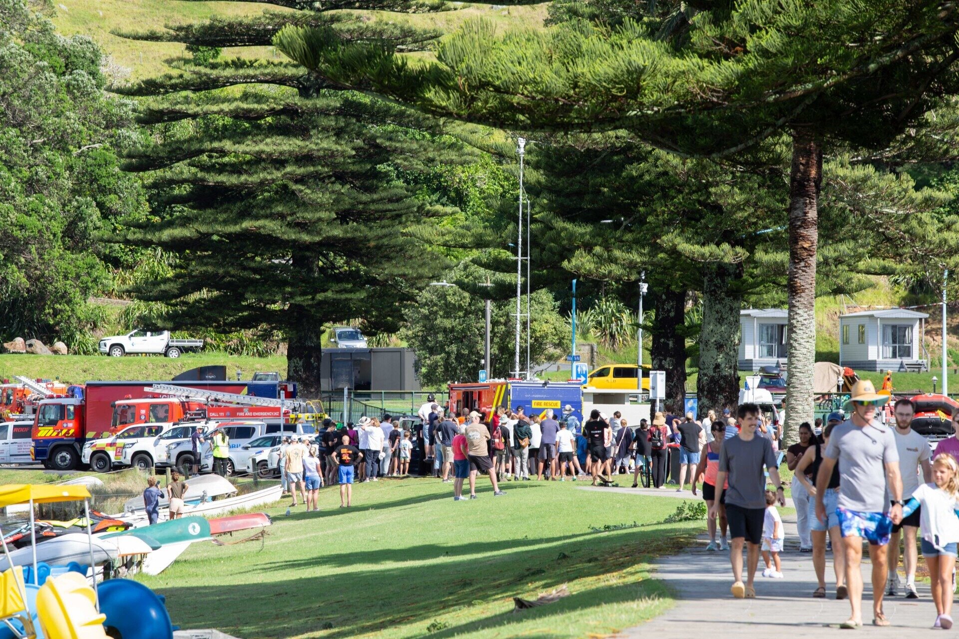 Emergency services at the scene of the Mount Maunganui campsite where a landslide hit. Photo / Cameron Avery