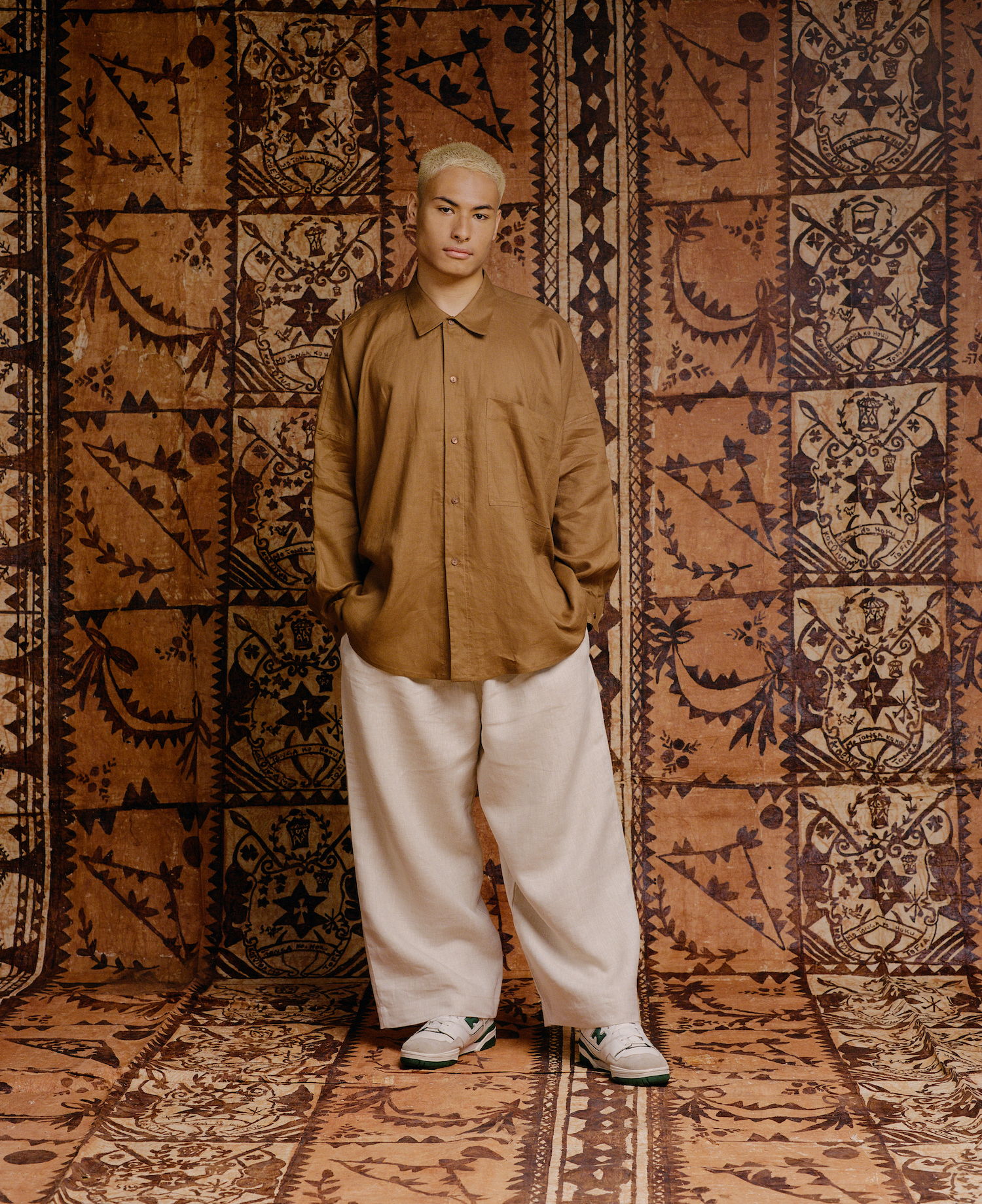Papa friend and muse Christian wears the Gracie shirt and Buffet pants. Photo / Apela Bell