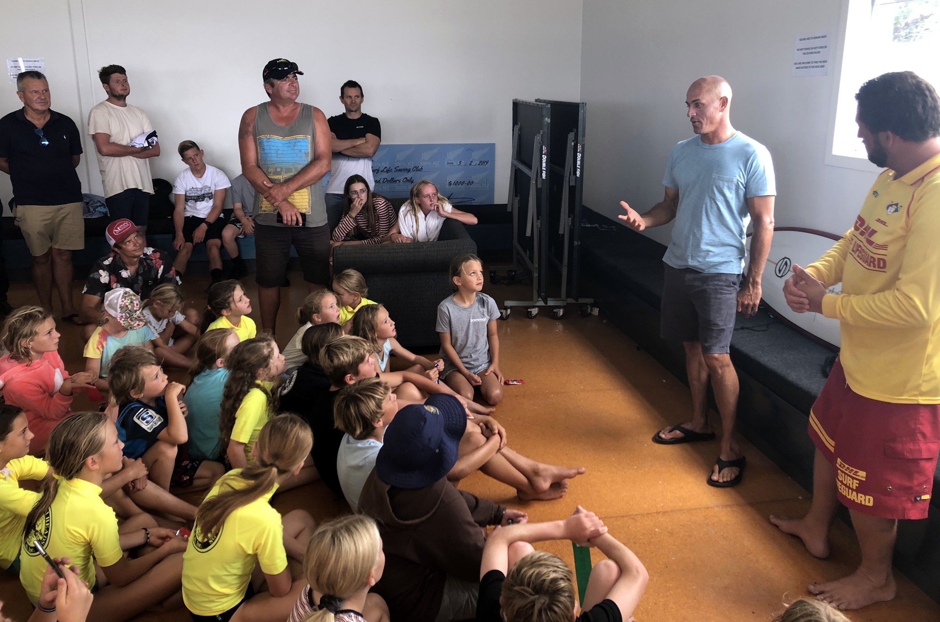 Kelly Slater answering the questions of eager children and parents. Photo / Tony Baker