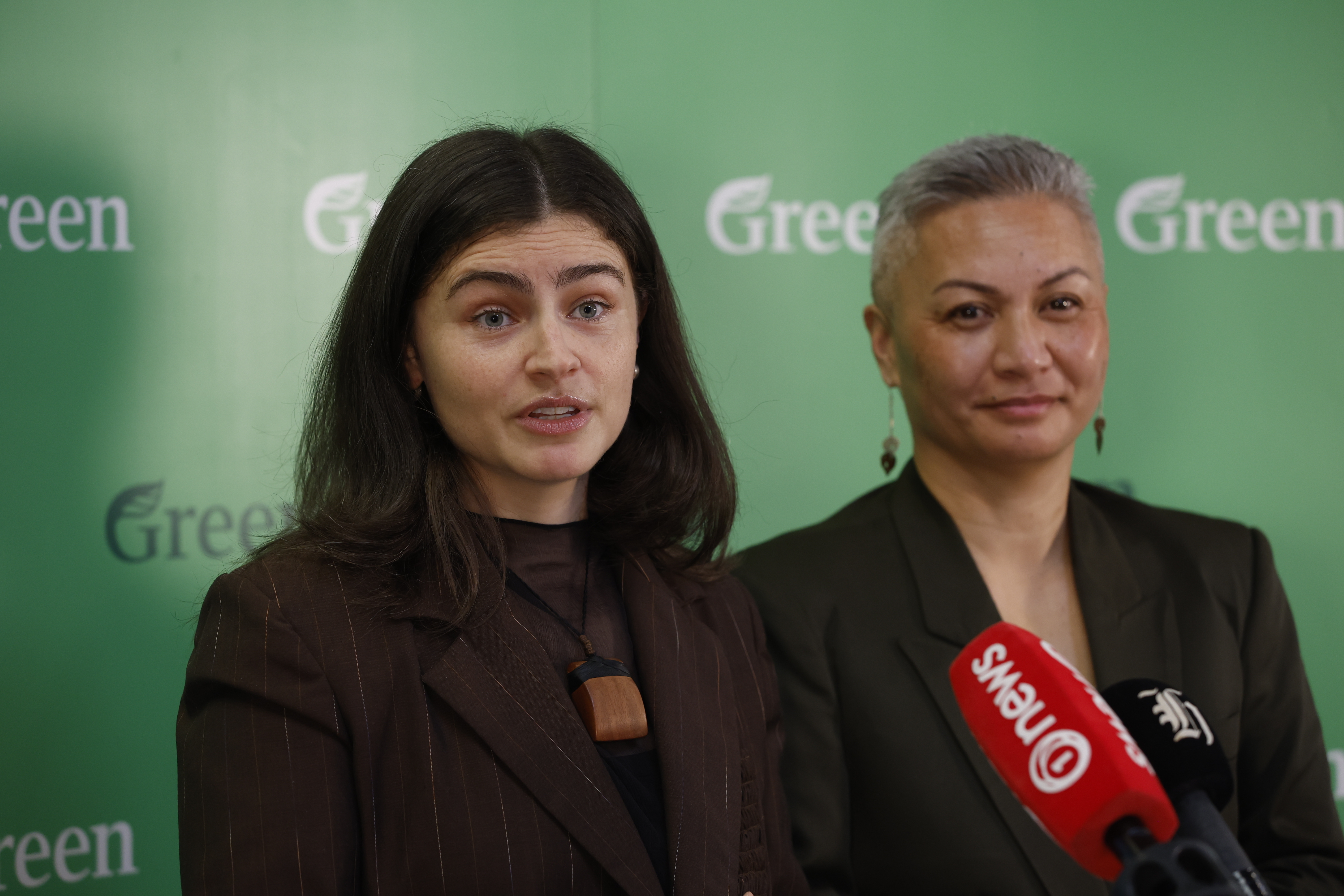 Greens co-leaders Chlöe Swarbrick and Marama Davidson announcing the tax plan. Photo / Sylvie Whinray