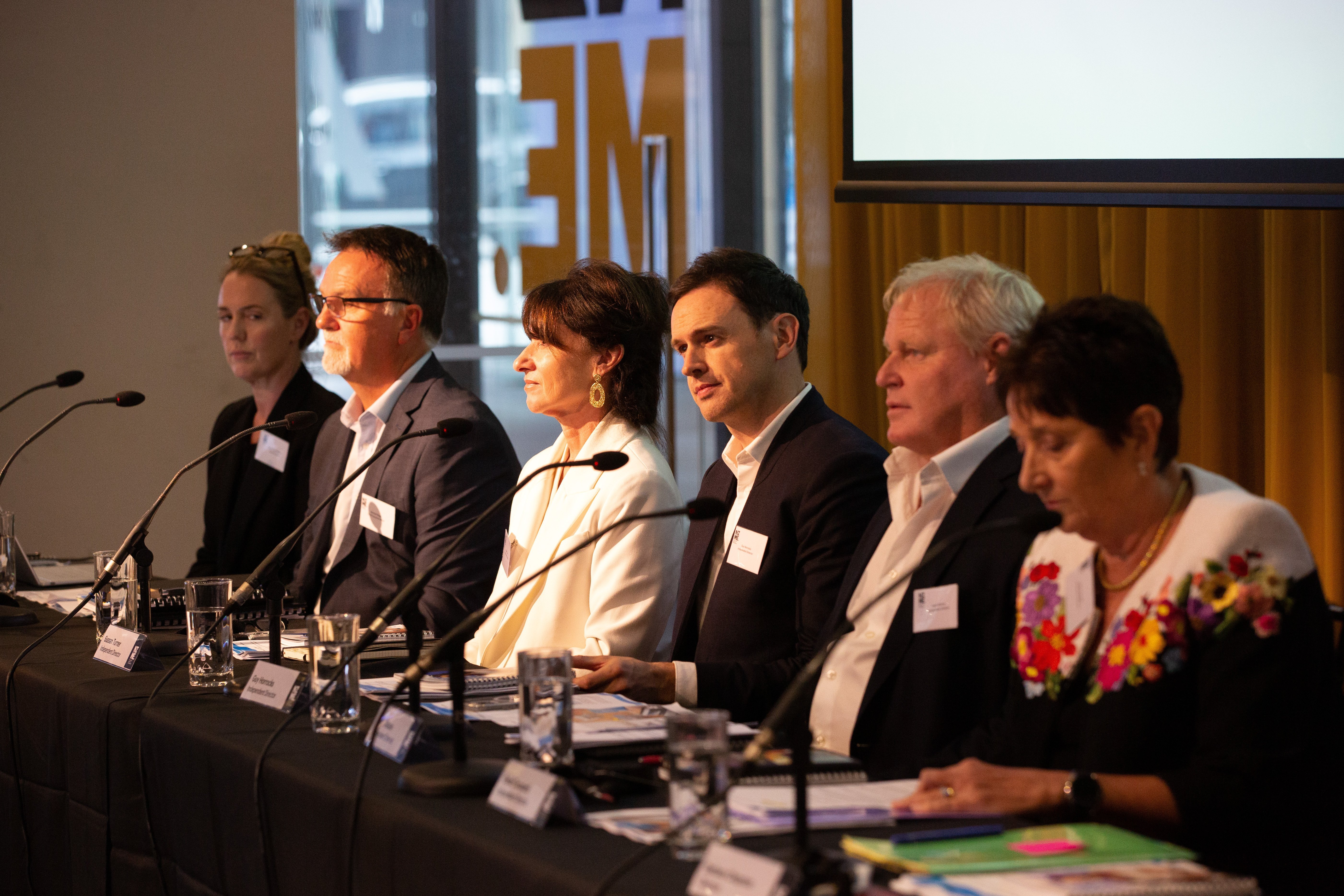 NZME board members, from right, Carol Campbell, David Gibson, Guy Horrocks and Sussan Turner. Beside Turner is chief executive Michael Boggs and left of him is the company's general counsel Genevieve O'Halloran. Photo / Sylvie Whinray