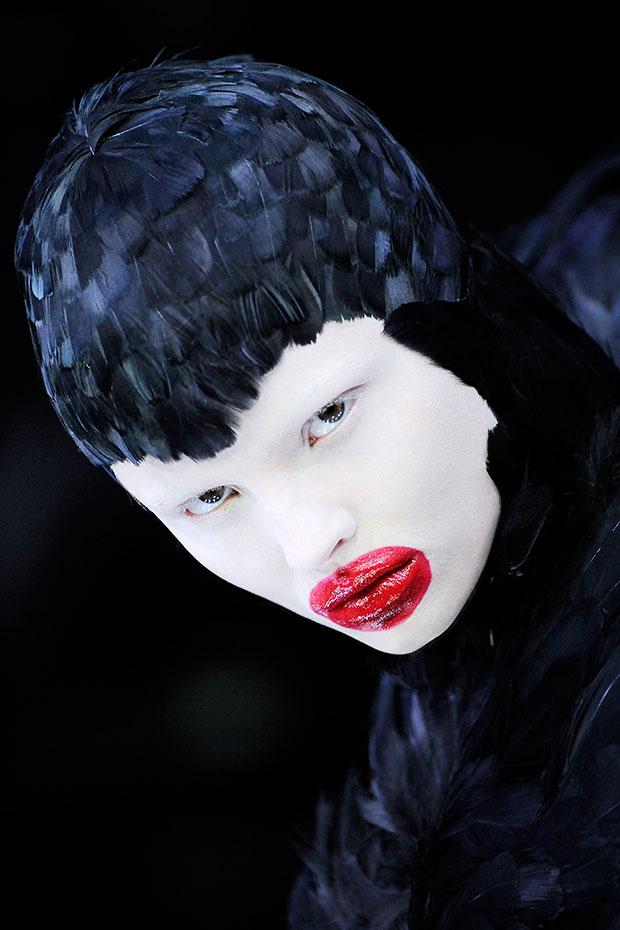 Duck feather dress. Alexander McQueen, The Horn of Plenty, A/W 2009-10.  Model / Magdalena Frackowiak. Picture / FirstVIEW.