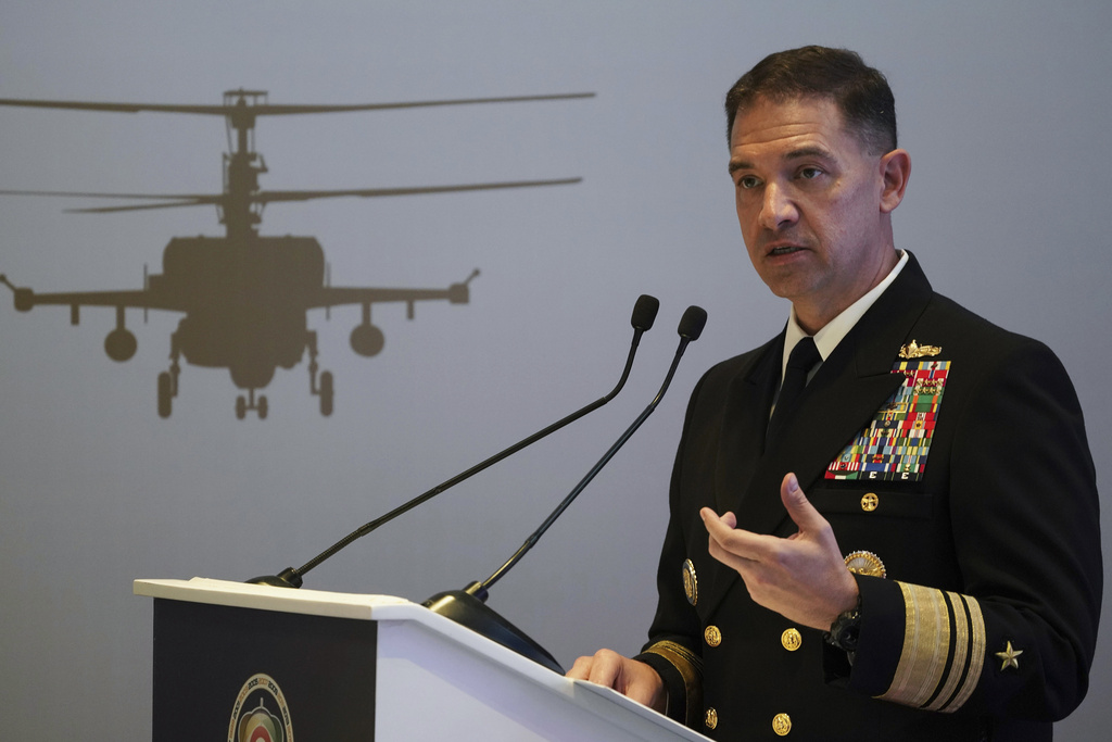 US Navy Vice Adm. Brad Cooper, who heads the Navy's Bahrain-based 5th Fleet, speaks at an event at the International Defense Exhibition and Conference in Abu Dhabi, United Arab Emirates. Photo / AP