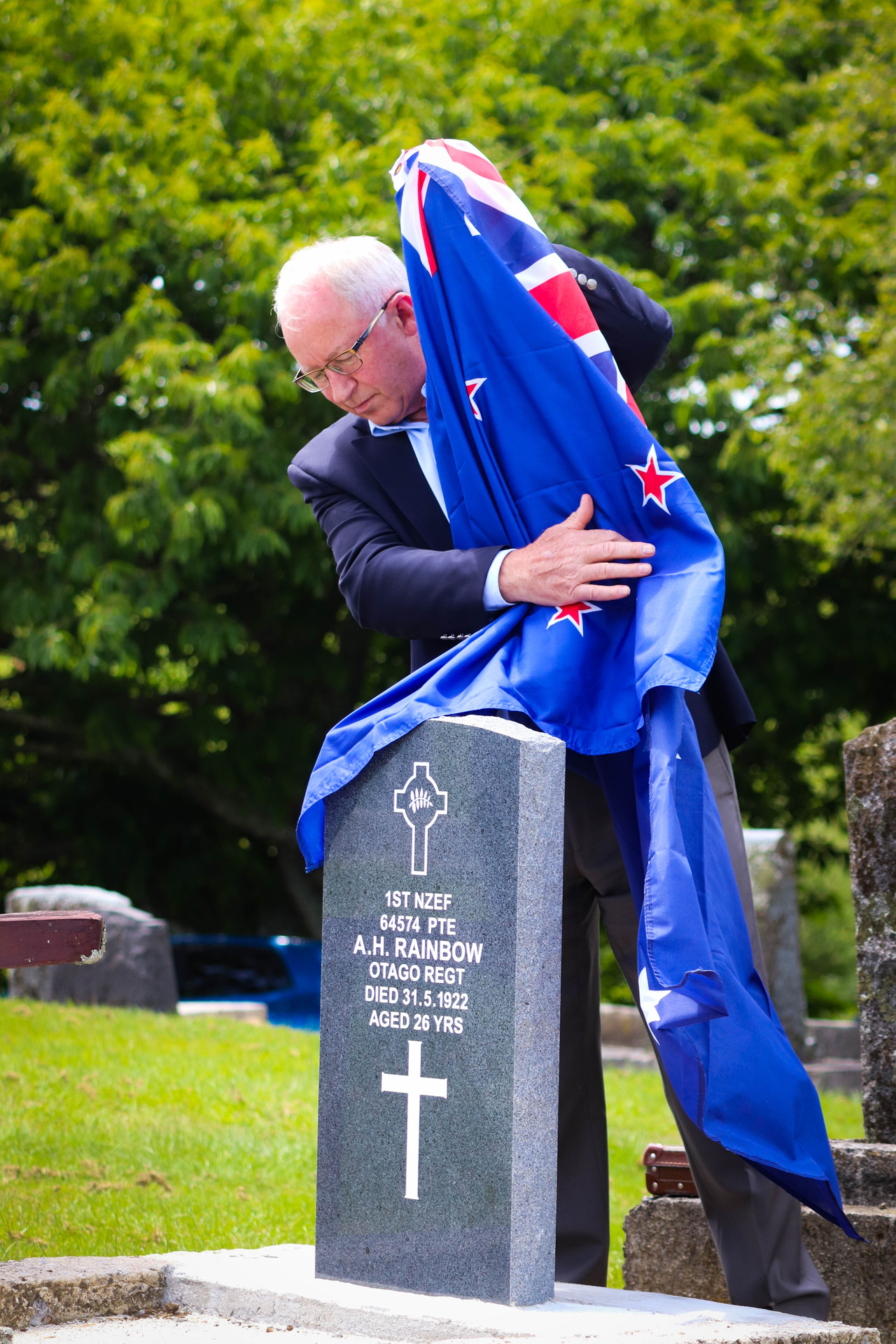 The unveiling of Private Albert Rainbow's new headstone at Piopio Cemetery. Photo / Emma James Photography