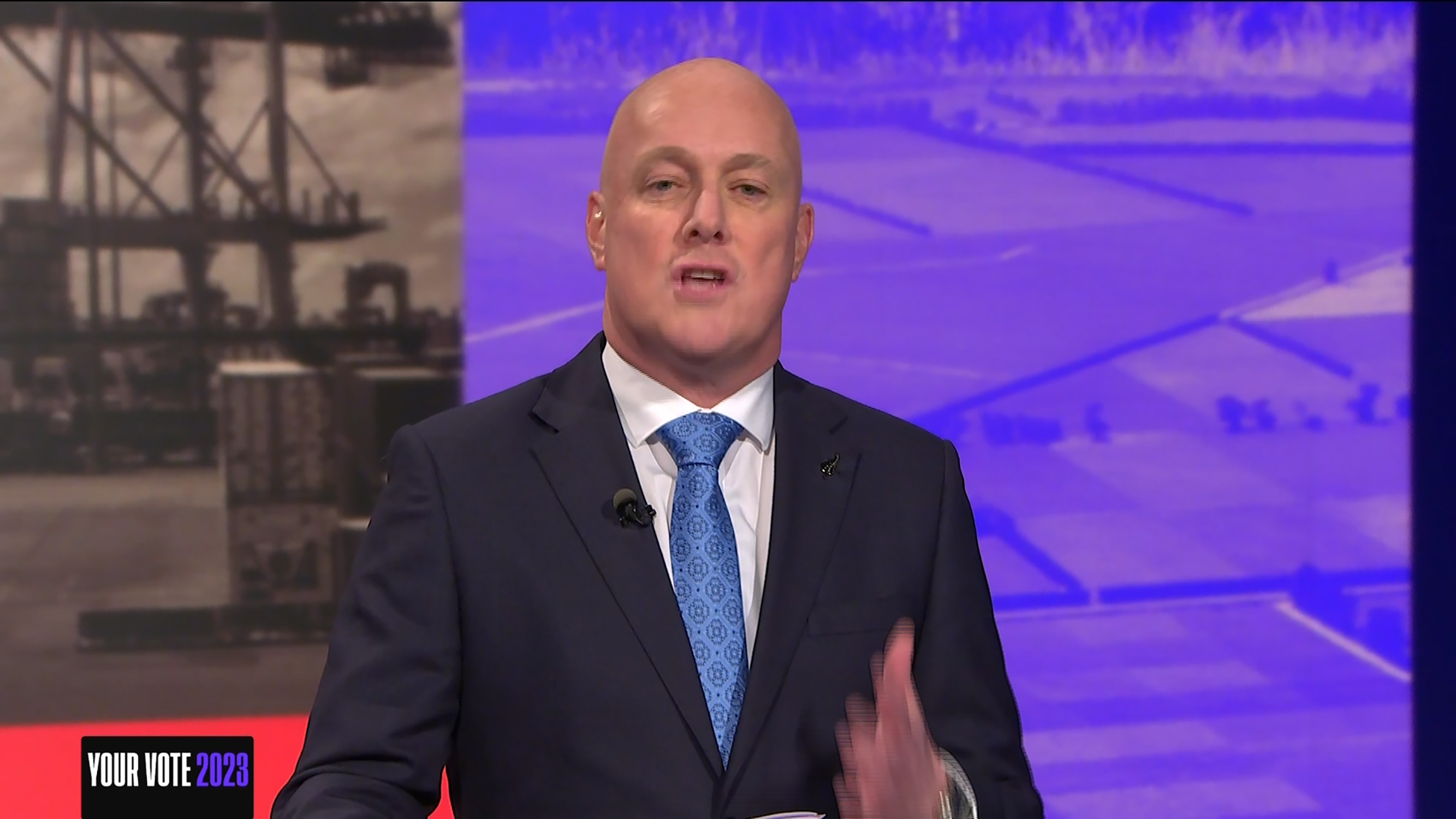 Christopher Luxon makes his points during the televised Leaders' Debate. Photo / TVNZ