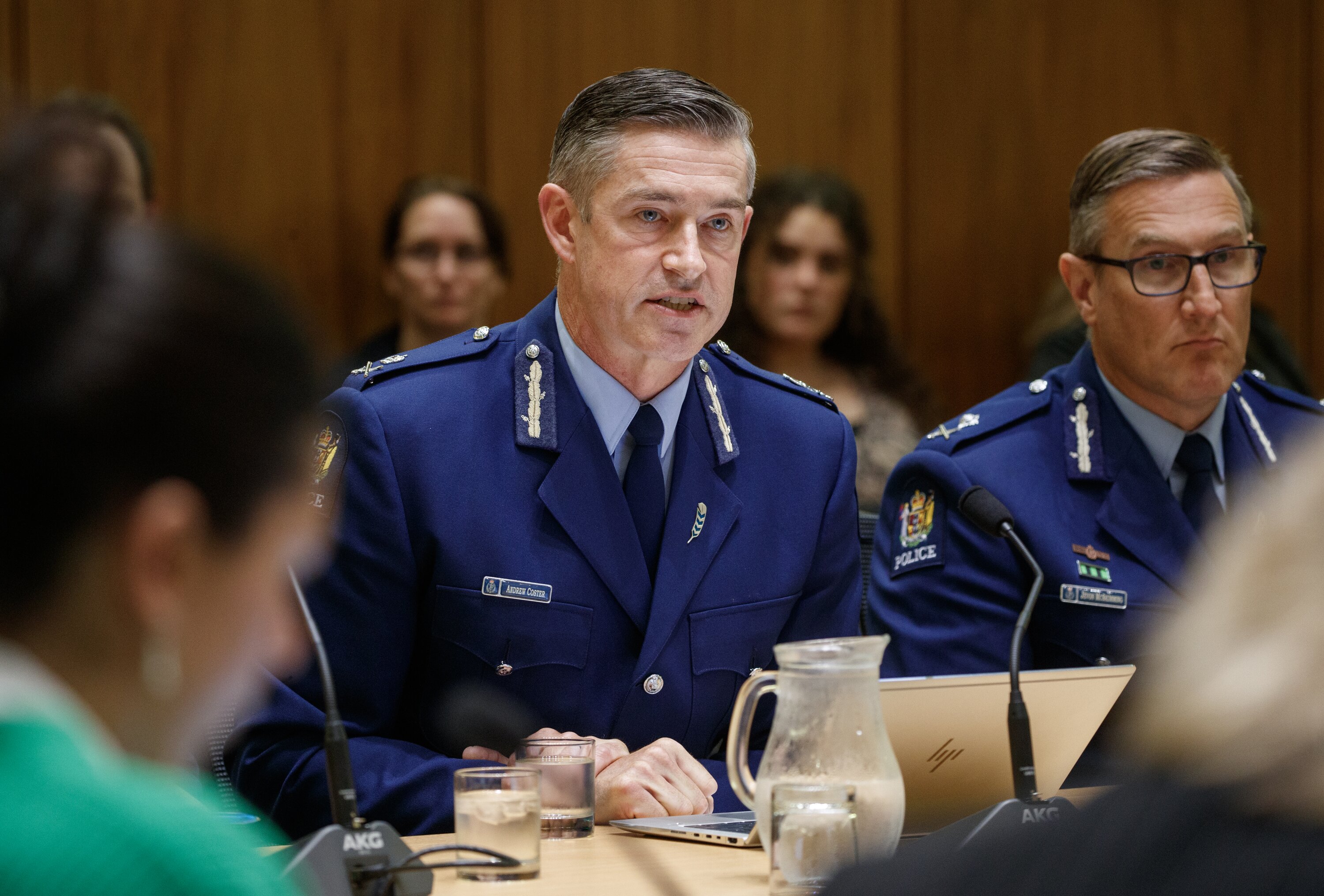 Former Police Commissioner Andrew Coster (left) with deputy Jevon McSkimming at the sitting of a justice select committee in Parliament in 2023. Photo / Mark Mitchell 