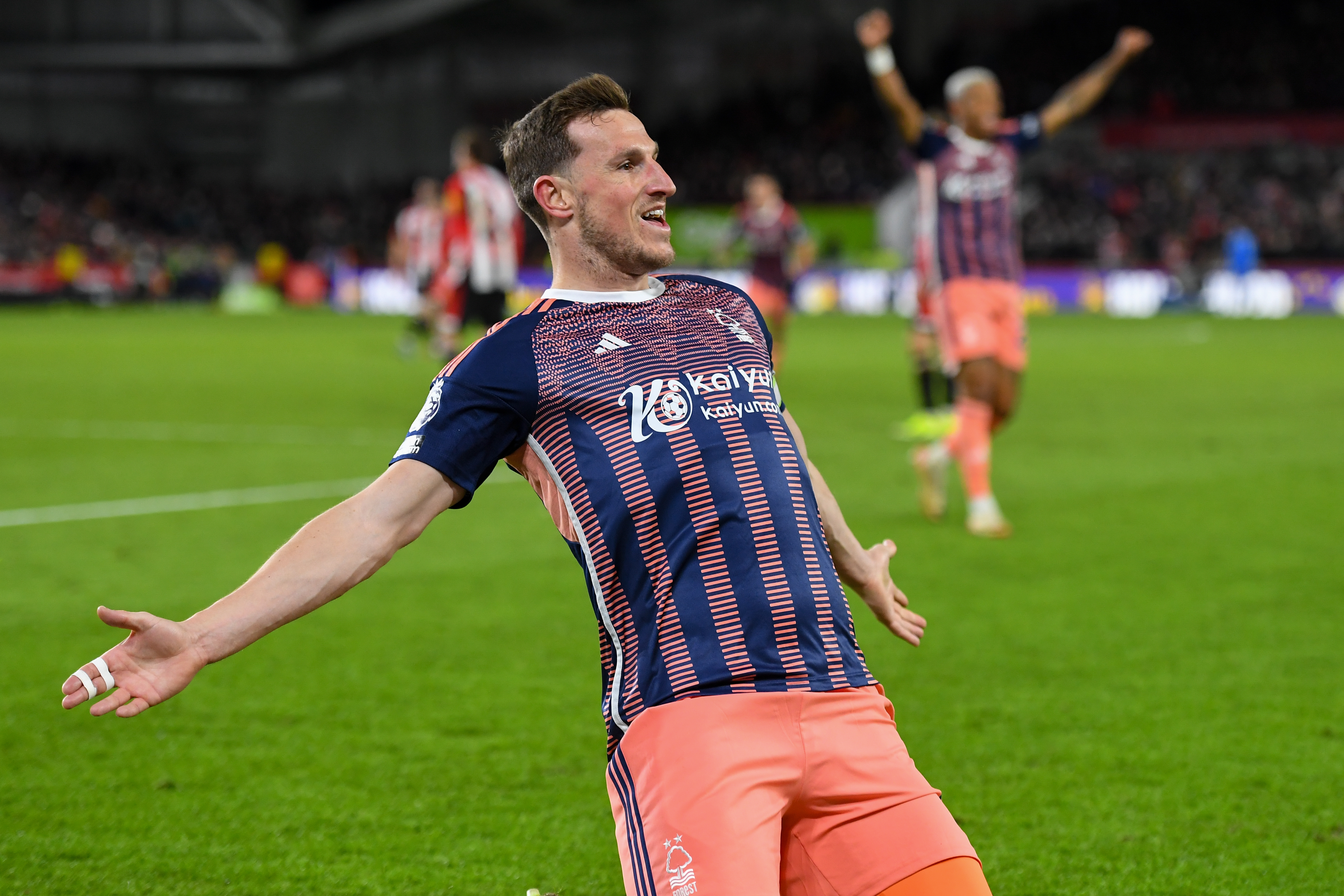 Chris Wood celebrates after scoring to make it 2-2 in Nottingham Forest's Premier League match at Brentford. Photo / Getty Images