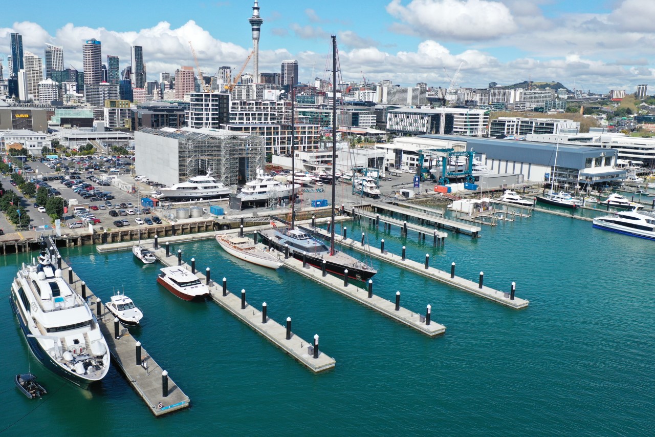 Orams Marine's Beaumont St base with the new sheds (centre) now being finished. Photo / supplied