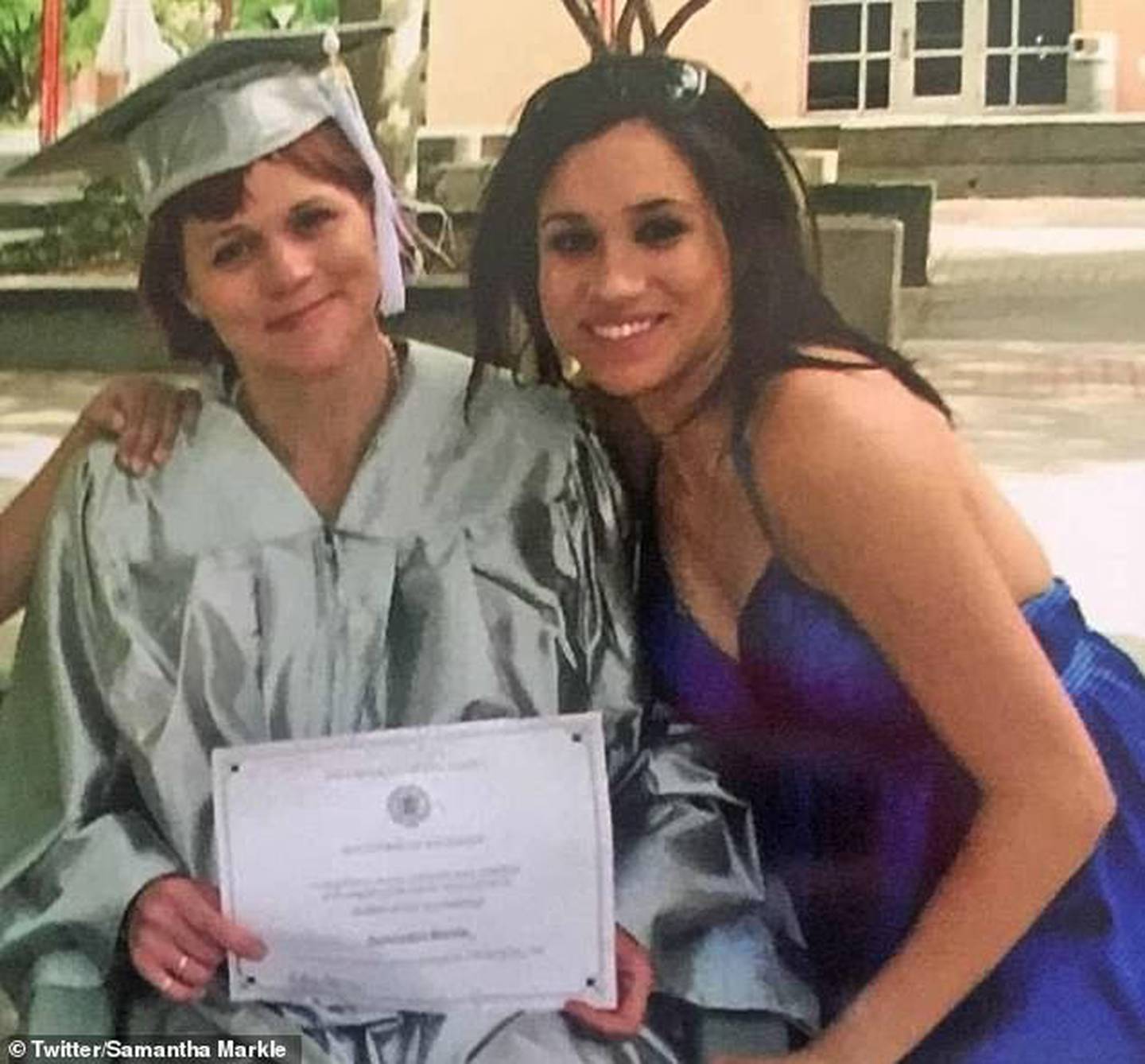 Samantha Markle, pictured with her half-sister Meghan Markle at her graduation in 2008. Photo / Twitter

