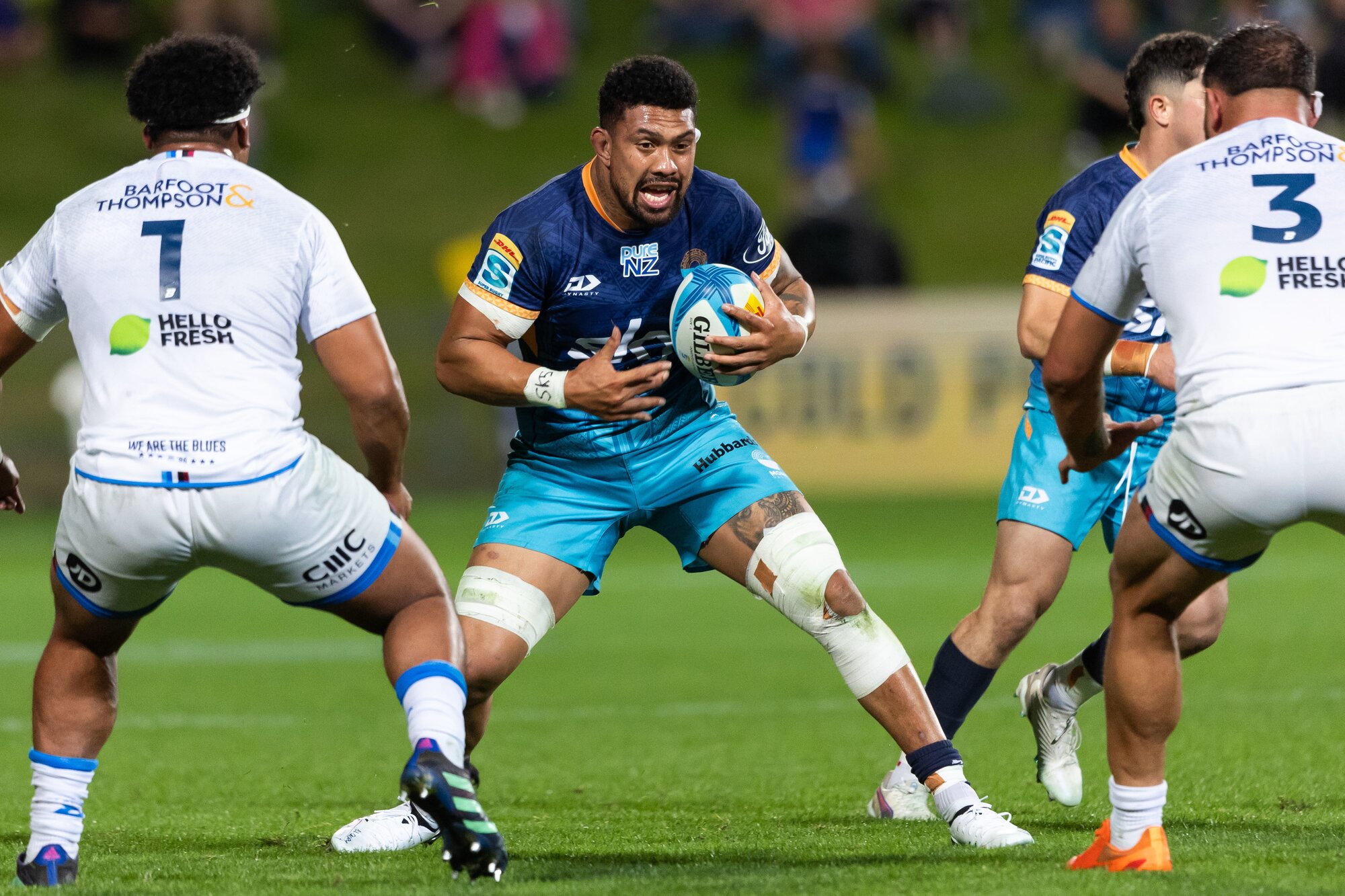 Moana Pasifika's Ardie Savea carries the ball against the Blues. Photo / Photosport