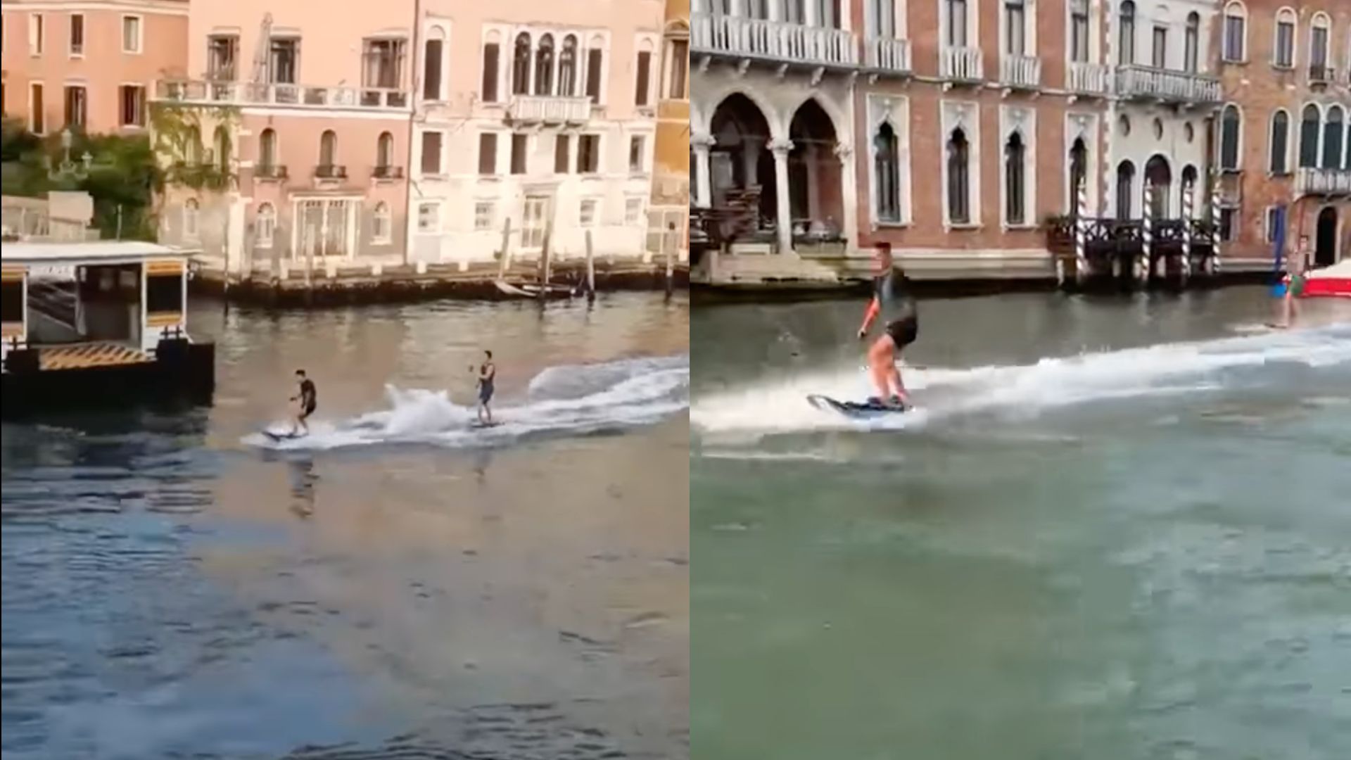 The pair were caught after riding motorised surfboards along the canal. Photo / Facebook, @BrugnaroSindaco