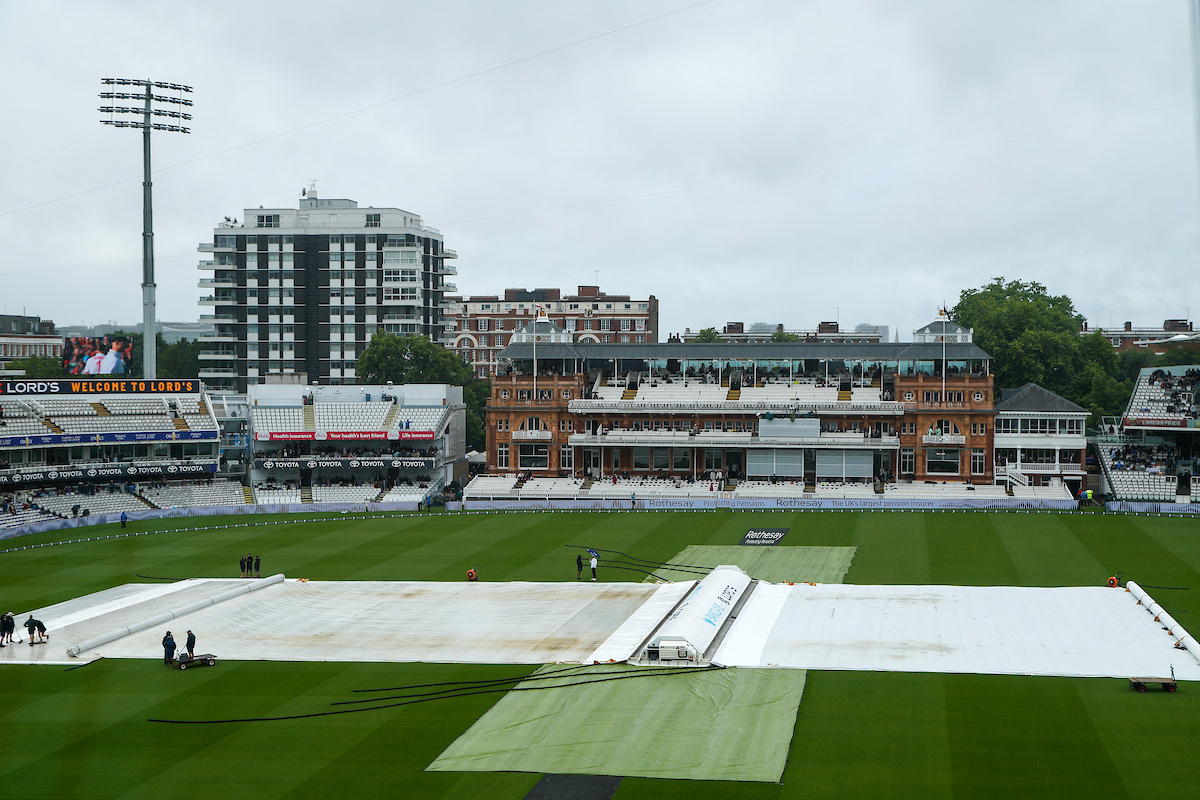 Rain fell heavily in the morning session on day three between the Black Caps and England. Photo / Photosport