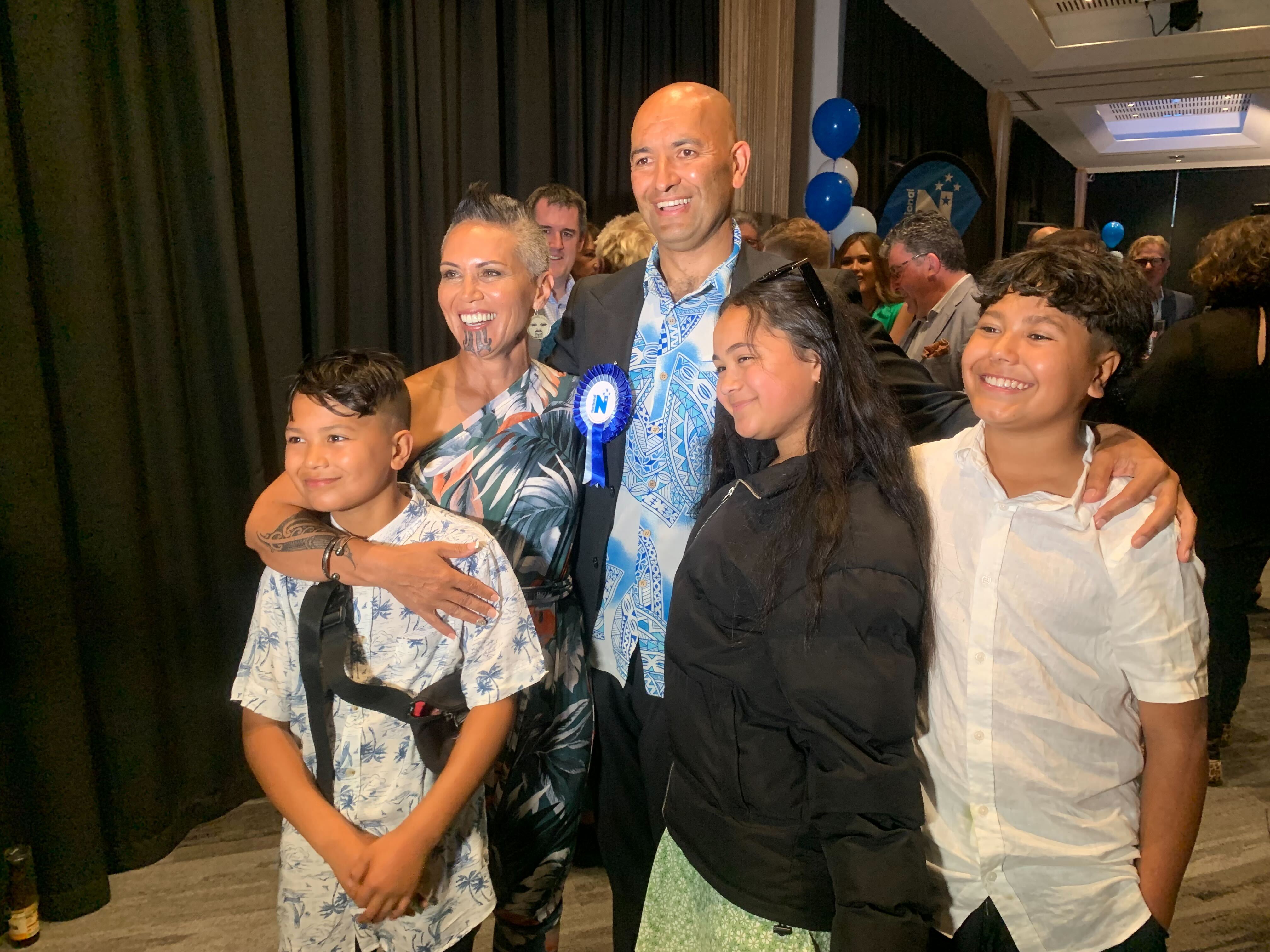 Tama Potaka, with his wife Ariana Paul and their three children, after winning the Hamilton West byelection in December 2022. Photo / Adam Pearse