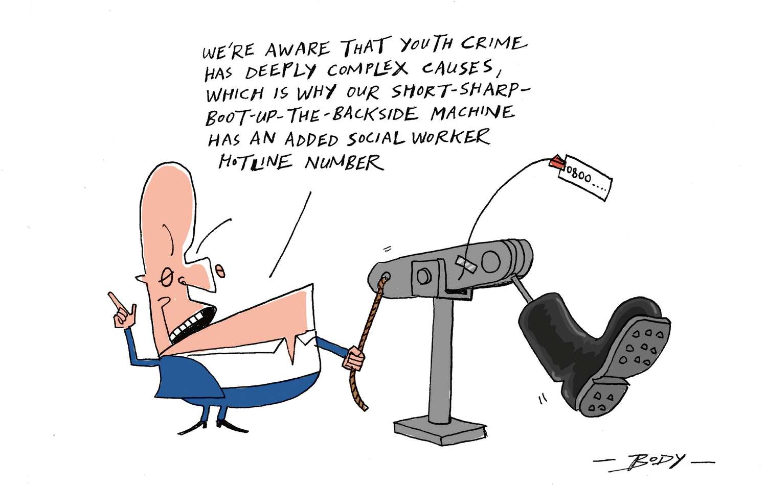 Christopher Luxon fine-tuning the boot camps model. Cartoon / Guy Body