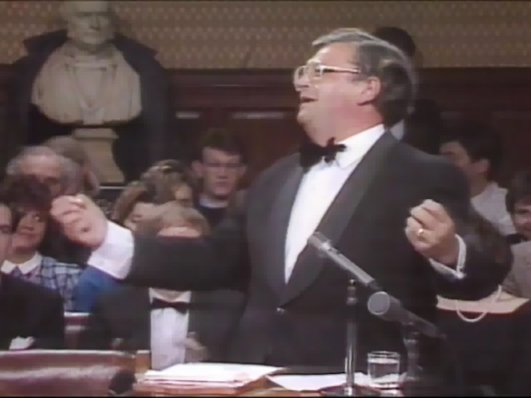 David Lange at the Oxford Union debating New Zealand's nuclear-free policy. Picture / Supplied