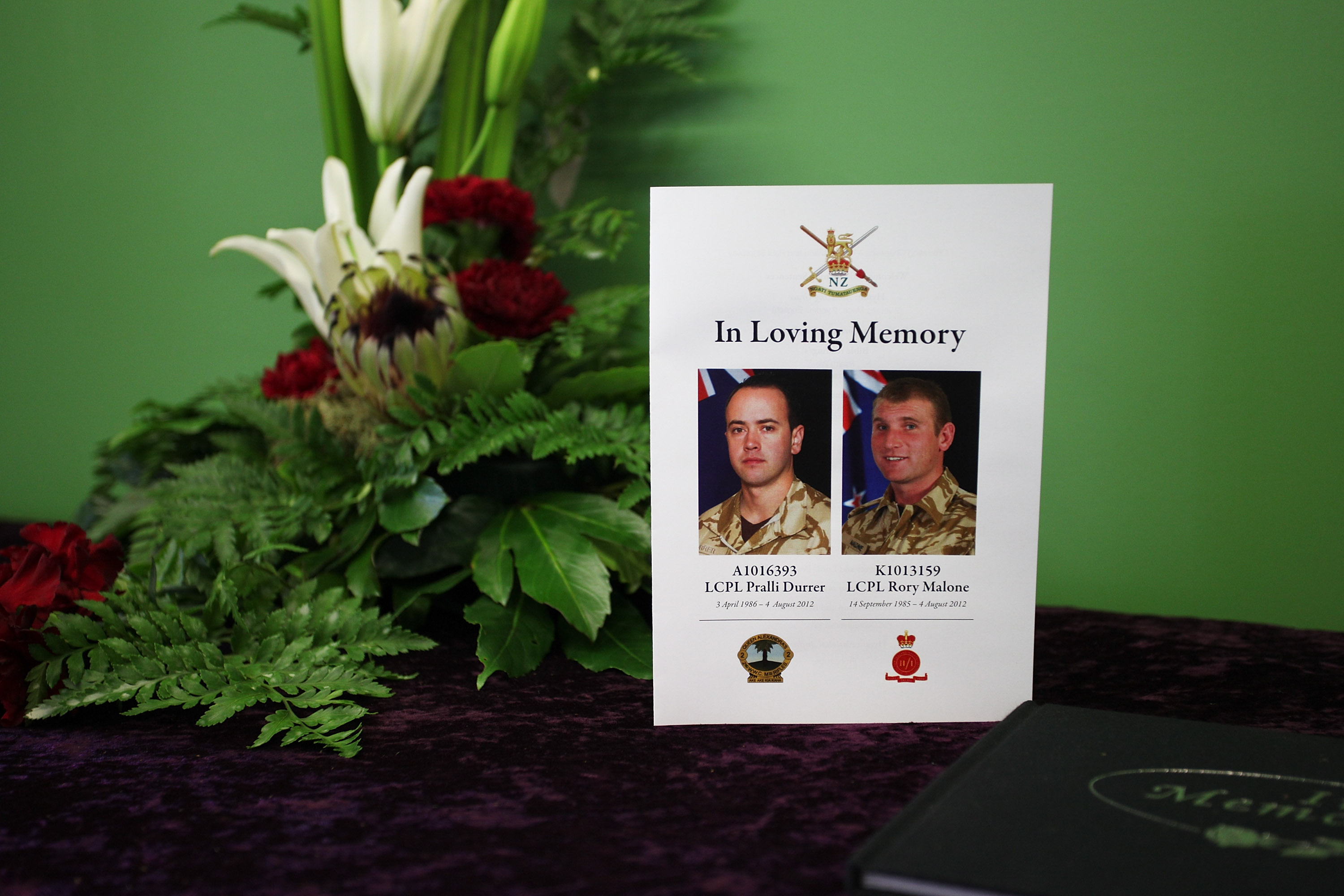 The service card is shown on display at the Military Commemorative Service for LCpl Pralli Durrer and LCpl Rory Malone at Burnam Military Camp. Photo / Supplied