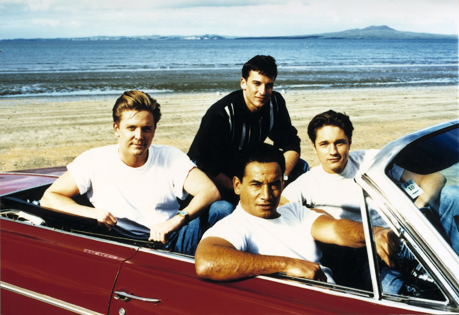 Michael Galvin (left) with original Shortland Street castmates Andrew Binns, Martin Henderson and Temuera Morrison. Photo / Supplied