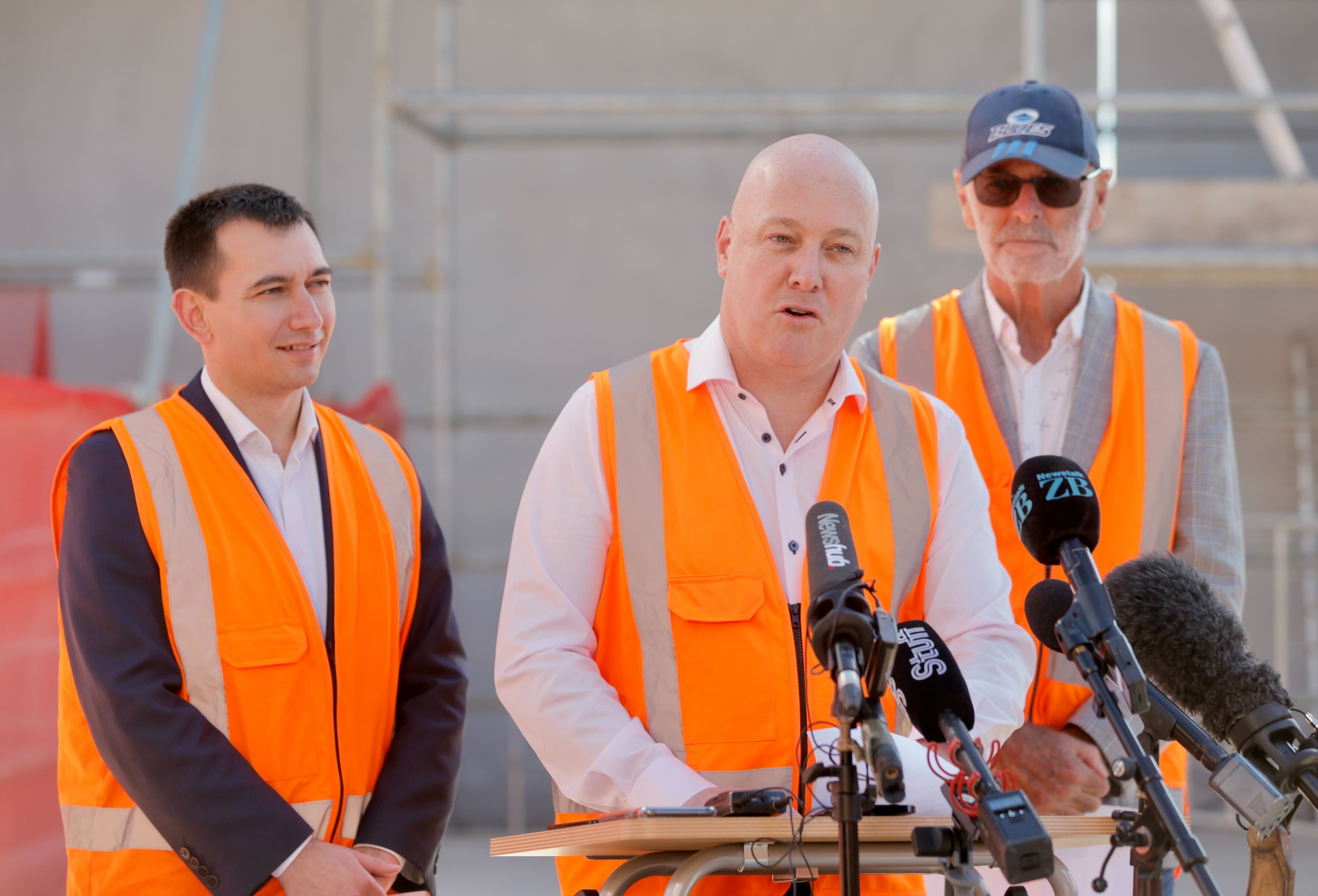 Local Government Minister Simeon Brown, Prime Minister Christopher Luxon and Auckland Mayor Wayne Brown reveal the new working model for Watercare. Photo / Alex Burton